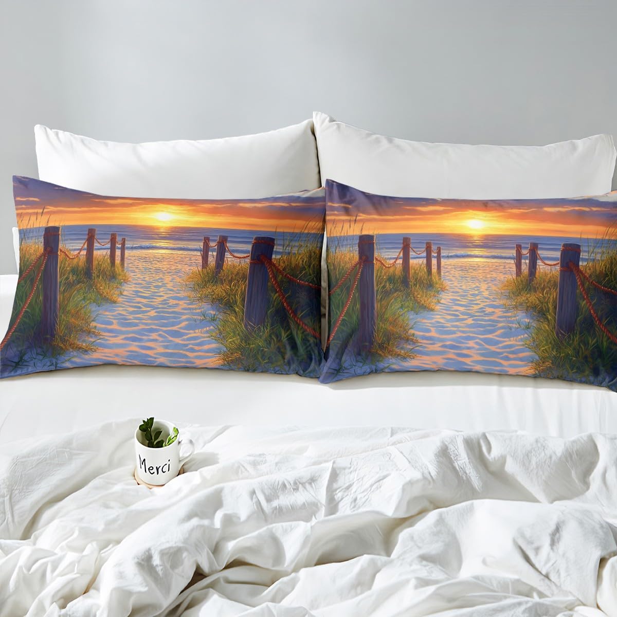 jejeloiu Beach Theme Fitted Sheet Full Size Kids Wood Green Plants Sunset Bed Sheets Set for Boys Girls Teens Sea Ocean Wave Summer Coastal Natural Scenery Bedding Set Room Decor