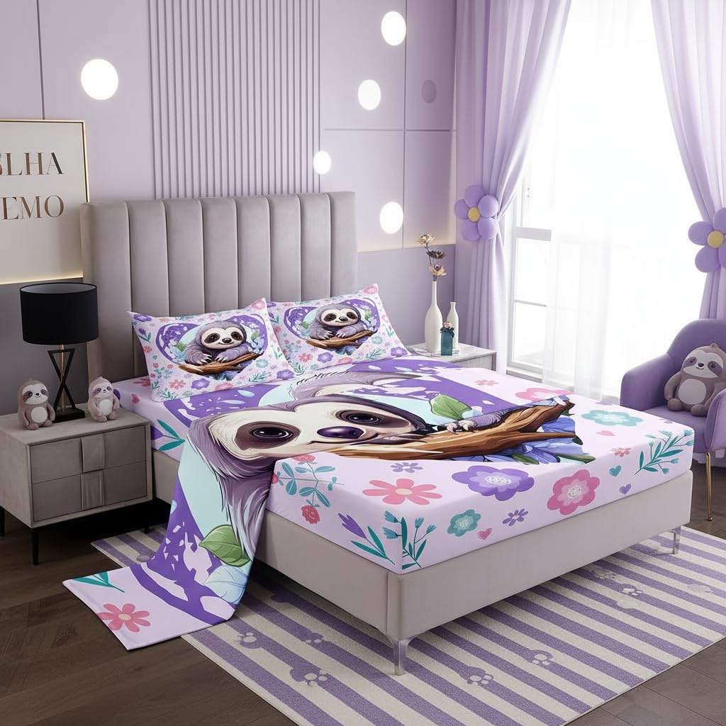 Manfei Cute Sloth Bed Sheet Set Twin Size,Kawaii Wild Animal Jungle Branch Sheet Set Kids Teens,Nature Flowers Leaves Graffiti Purple Bedding Set with 1 Flat & 1 Fitted Sheet with 1 Pillow