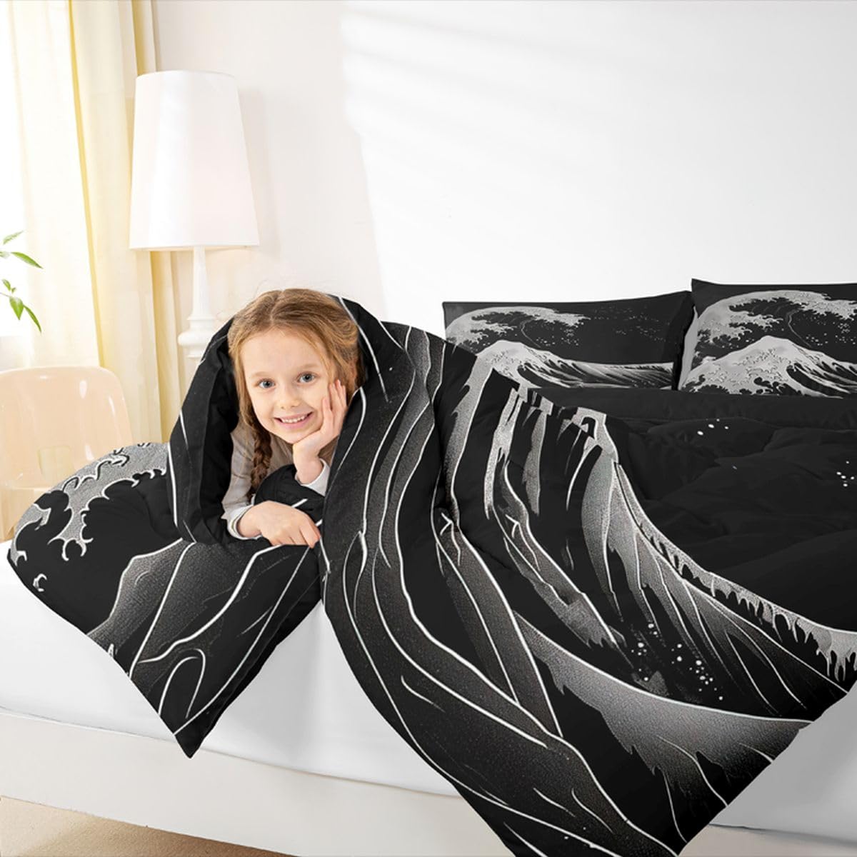jejeloiu Black and White Wave Bedding Set Soft for Boys Girls, Ocean Wave Comforter Set Queen Size Japanese Style Duvet Quilt Microfiber Abstract Bedroom Decor 3 Pcs with 2 Pillow Cases