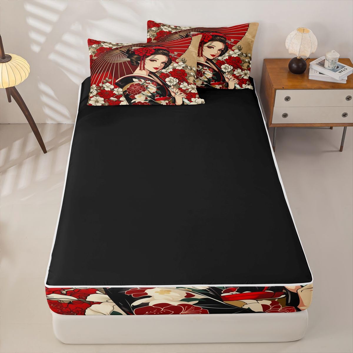 Erosebridal Geisha Kids Comforter Set with Zipper, Japanese Twin Size Zipper Bedding Set, Traditional Geisha Bed-in-A-Bag
