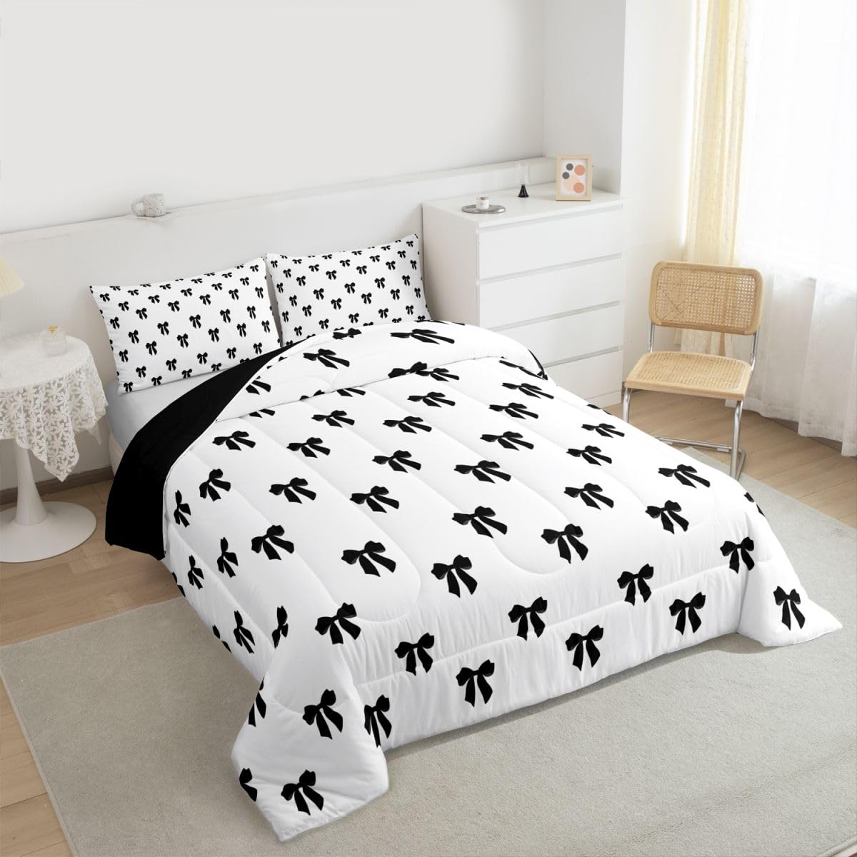 Erosebridal Black Bow Comforter Set Queen Size Coquette Bows Bedding Set for Kids Teen Girls Women Bedroom Cute Preppy Bowknot Comforter Modern Trendy Girly Aesthetic Quilt Duvet