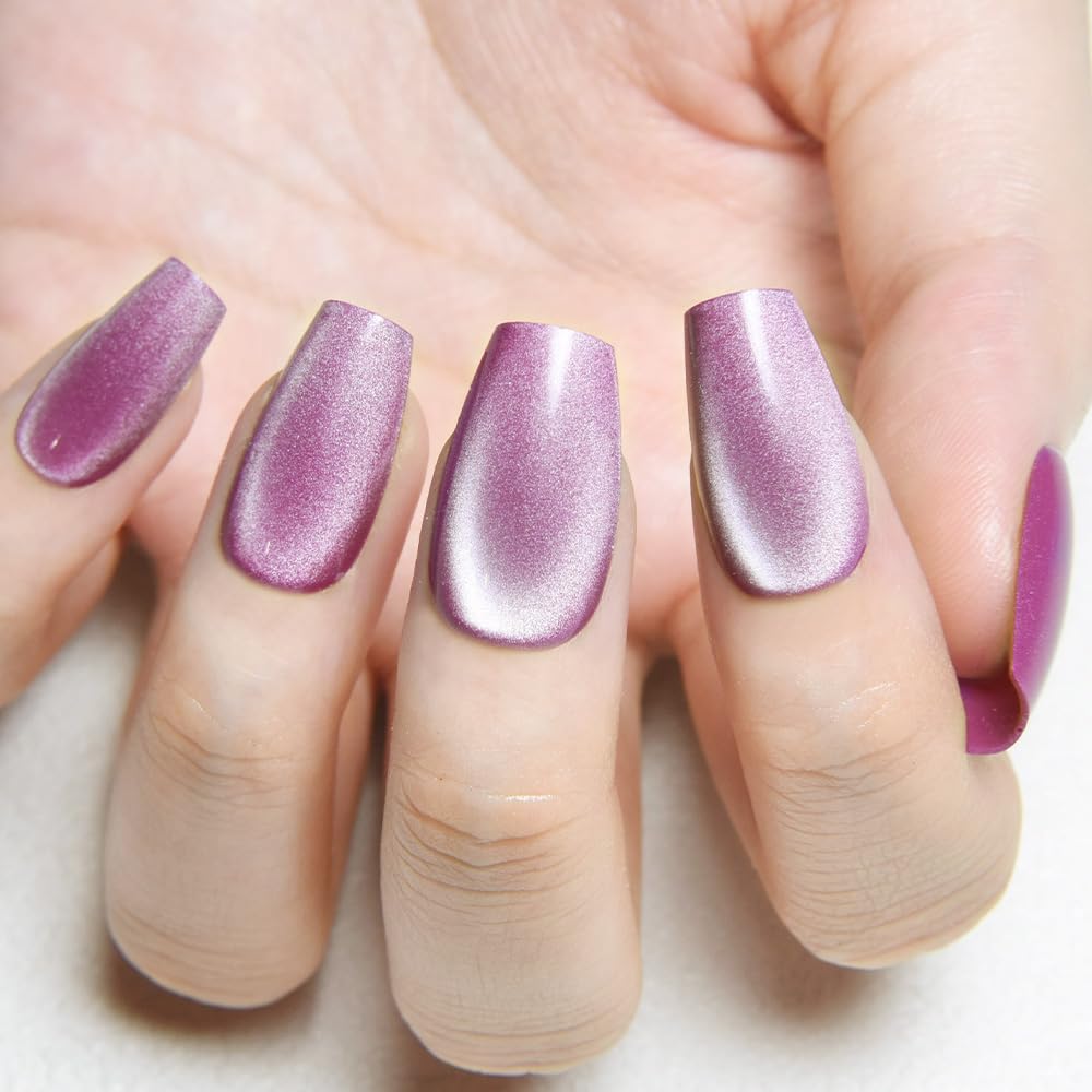 evpct Purple Cat Eye Coffin Press on Nails Medium Square No Glue, Medium Square Stick on Nails for Women Gift, Lavender Purple Metallic Glitter Glossy Reusable Summer Press on Fake Nail with Designs