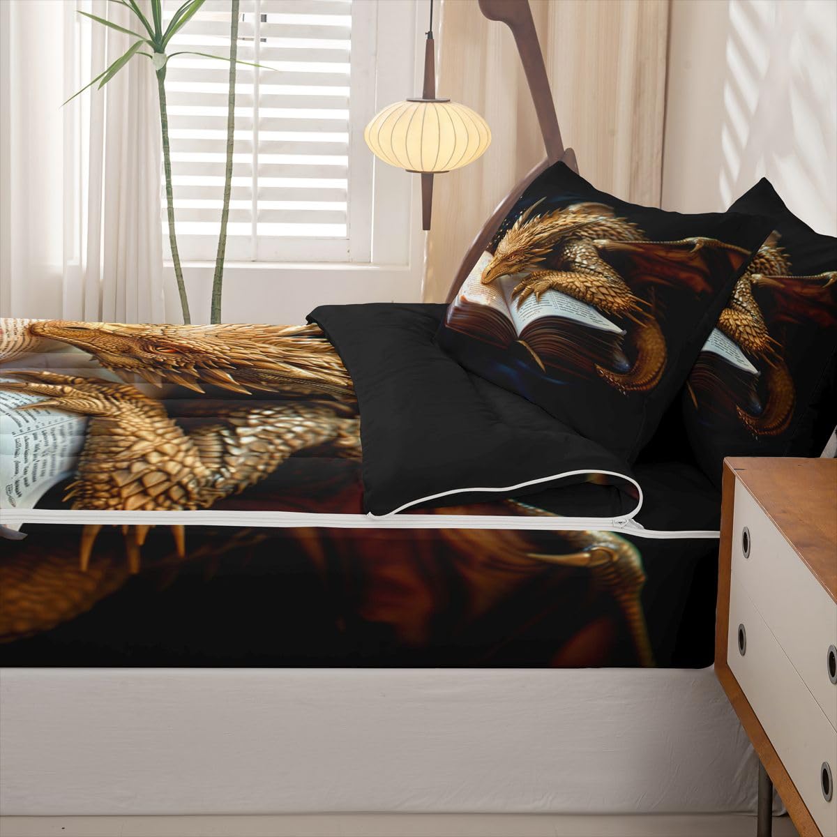 jejeloiu Dragon Zipper Bedding Cartoon Animal Comforter Set for Kids Boys Girls Twin Size Ancient Wildlife Zippered Kids Bedding Set Ultra Soft Mysterious Animal Bed in a Bag