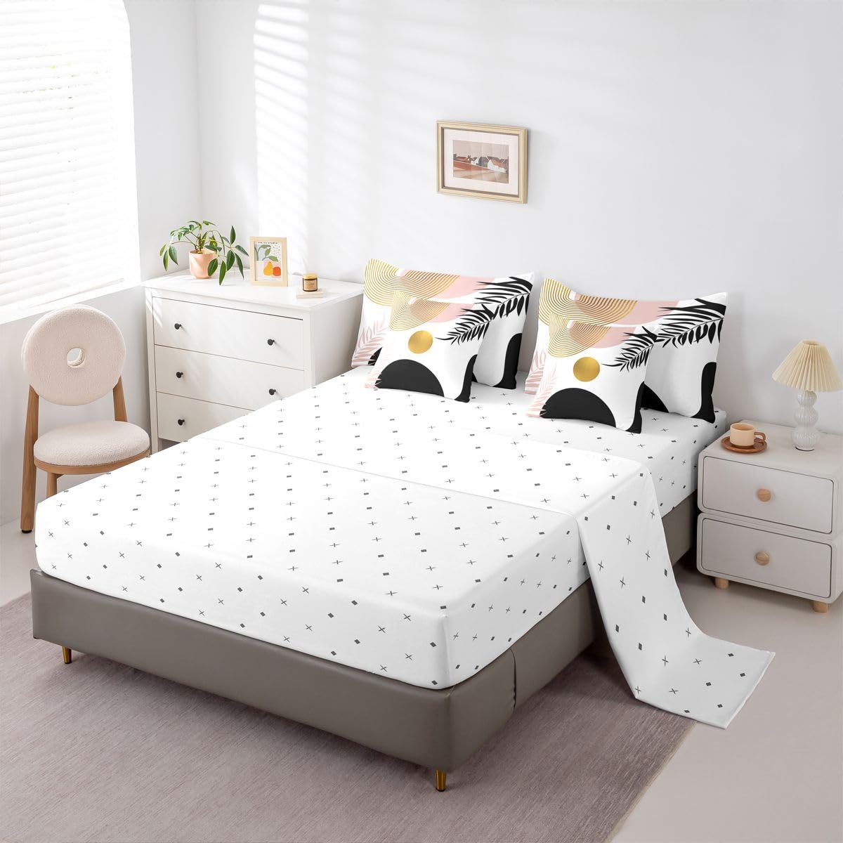 Erosebridal Boho Pink Black and Gold King Size Comforter Set with Sheets, Abstract Mid Century 7 Pcs Bedding Set for Adults, Minimalist Aesthetic Geometric Bed in A Bag, Modern Bohemian Chic Bed Sets