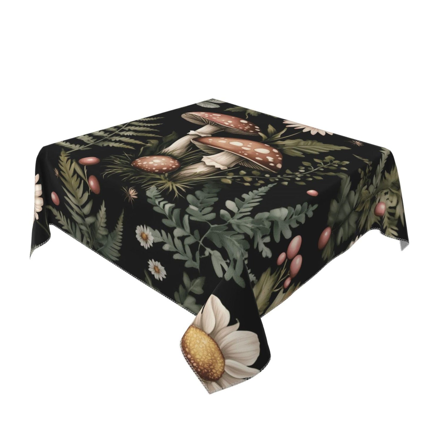 Entemne Square Table Cloth 55x55 Inch Forest Wild Flowers Mushroom Tablecloth Washable Soft Wrinkle Free Dust Proof Card Table Cover for Tea Party Picnic Kitchen Dining Decor