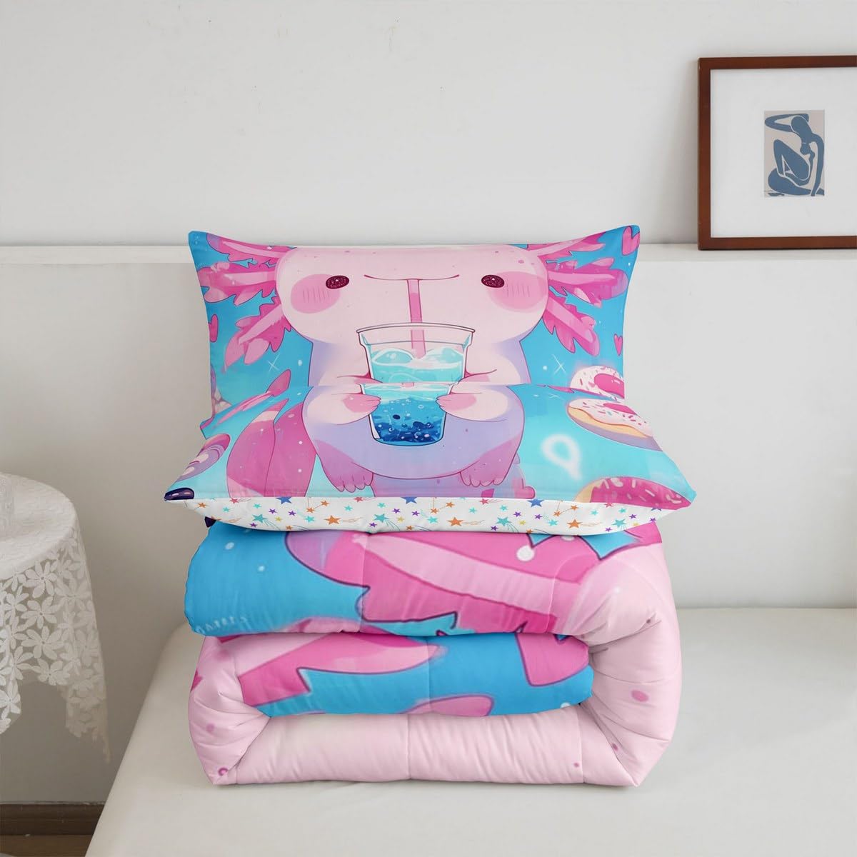 Erosebridal Kawaii Axolotl Bedding Set Queen,Pink Dessert Donut Comforter Set for Kids Girls Boys,Boba Tea Quilt Bed Set Funny Animal Bedding Comforter Sets with 2 Pillowcases Room Decor