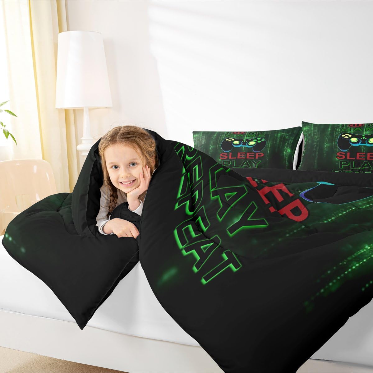jejeloiu Gamer Comforter Set Twin Size Gaming Bedding Set for Kids Boys Girls Video Game Duvet Quilt Game Room Decor Bedroom Decor Microfiber 2 Pcs with 1 Pillow Cases