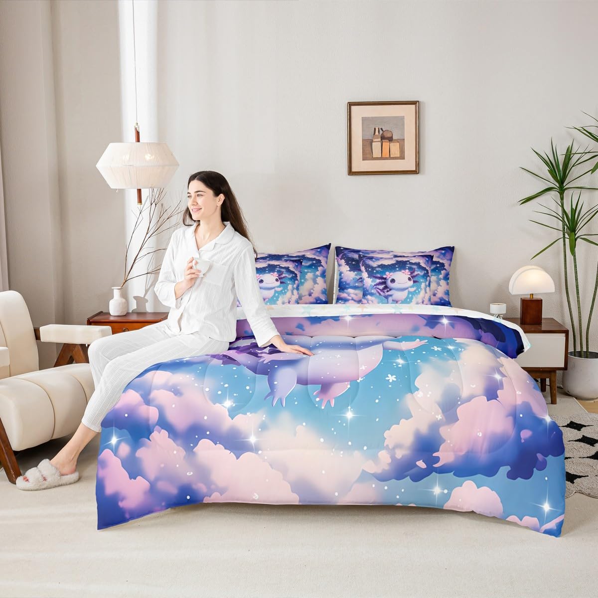 Dreamy Axolotl Queen Comforter Set for Girls Kids Cute Axolotl Bed in a Bag with Flat and Fitted Sheet Teen Preppy Fantasy Galaxy Sky 7-Piece Bedding Set Kawaii Purple Salamander Quilt Duvet Sets