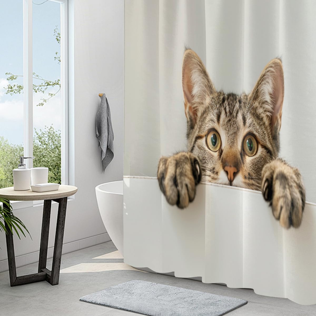 Ivolege Shower Curtain with Hooks, Tabby Cat Shower Curtain