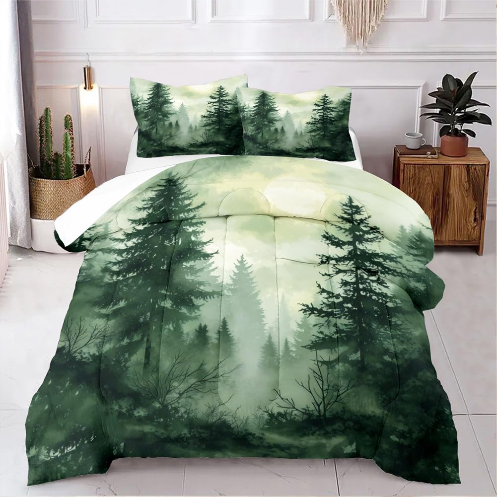 CCoutueChen Olive Green Botanical Comforter Set King Size Green Woodland Forest Tree Comforters Ombre Nature Landscape Bedding Set Army Green Pine Trees Bedding Ultra Soft Microfiber