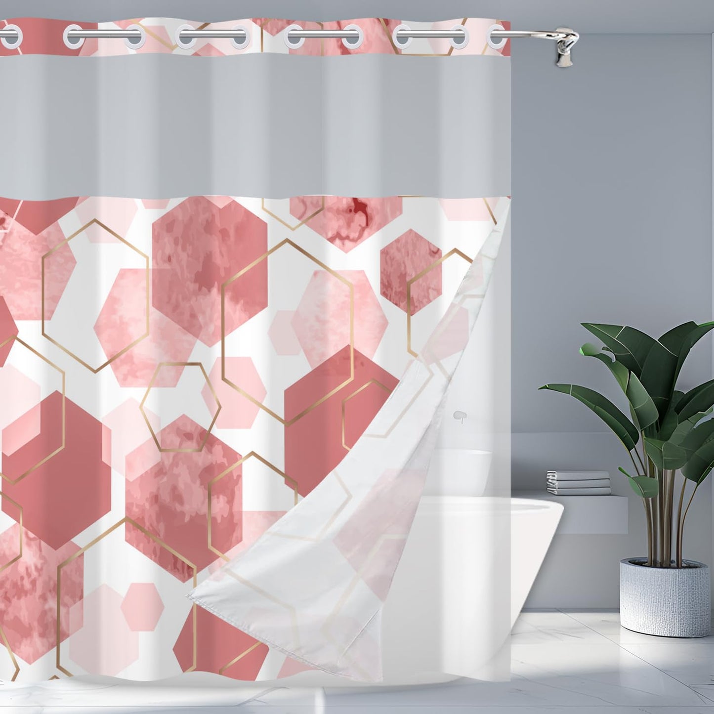 deFouliao Pink Shower Curtain with Snap in Liner No Hook Geometric Grid Modern Bathroom Curtain with See Through Mesh Top Window, Fabric Waterproof Inner Liner, 71x74 Inches