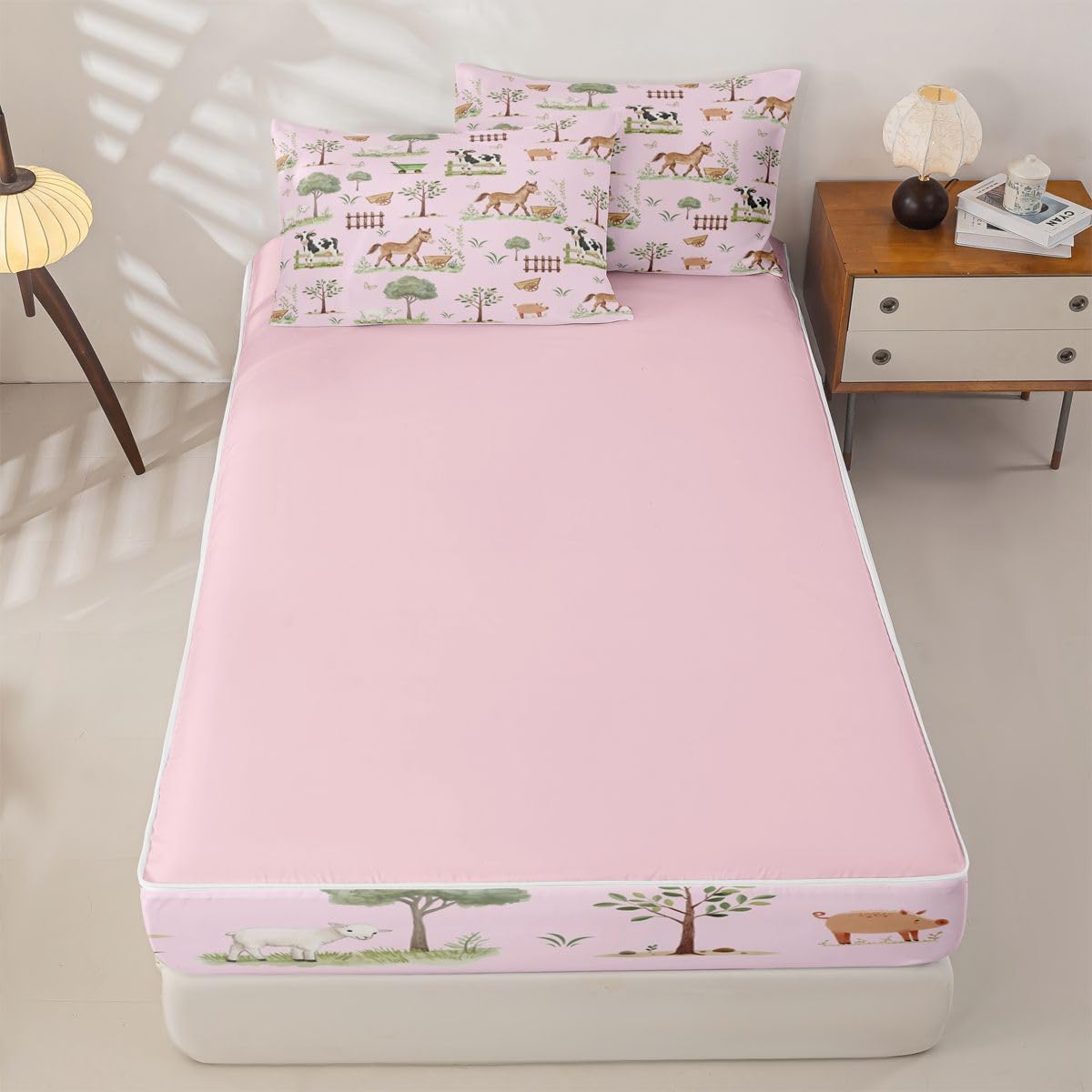 Erosebridal Farm Animal Kids Zip Up Bedding Set Twin Pink Cartoon Animals Zipper Comforter Set with Sheets Western Rustic Farmhouse Bed in a Bag Cute Horse Sheep Cow Pig Woodland Trees Bed Sets