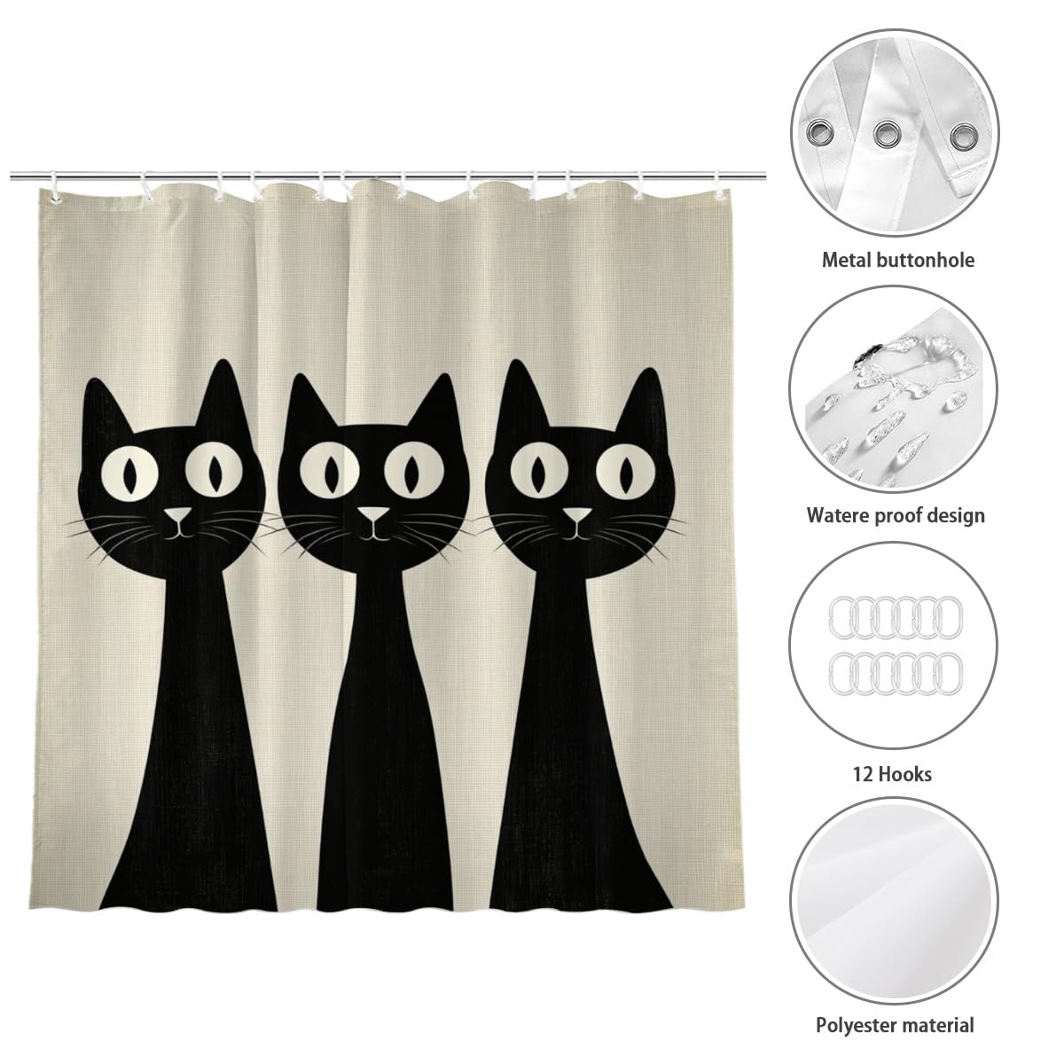 KEEPAEON Funny Black Cat Bath Shower Curtain, Bathroom Curtain Washable Cloth Kids Shower Curtain Sets with 12 Hooks for Bathroom Decor, 72"x72"
