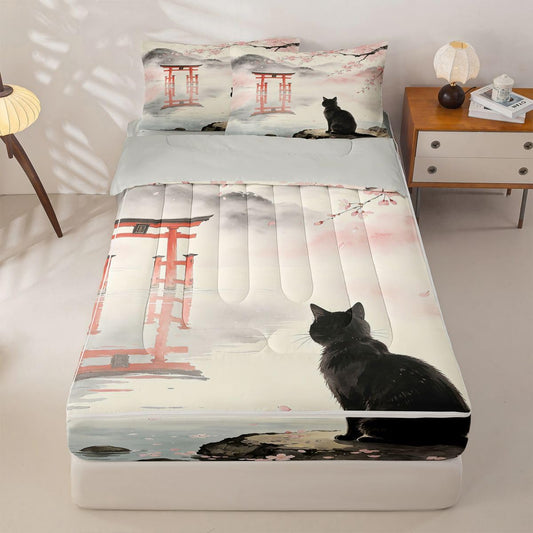 Feelyou Cute Cat Comforter Set Full Size Zipper Bedding Set for Girls Boys Japanese Ink Style Comforter with Fitted Sheet, Pillowcases Vintage Flower Zipper Bedding Soft Breathable Bed in a Bag