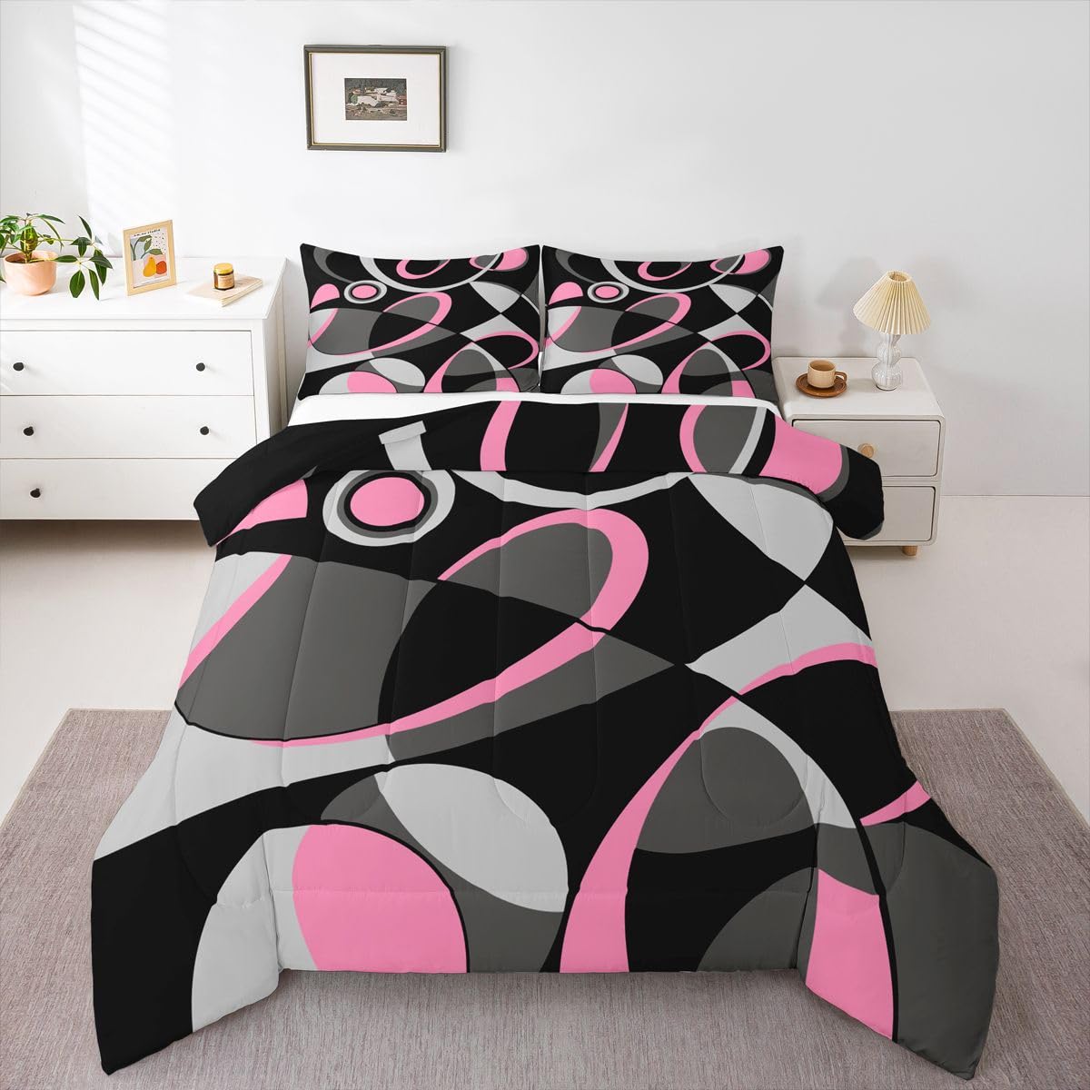 Feelyou Pink Grey and Black Comforter Retro Circle Geometrics Comforter Set Modern Abstract Art Bedding Set for Kids Boys Girls Geometrics Swirl Duvet Set Luxury Room Decor Quilt Set Queen Size
