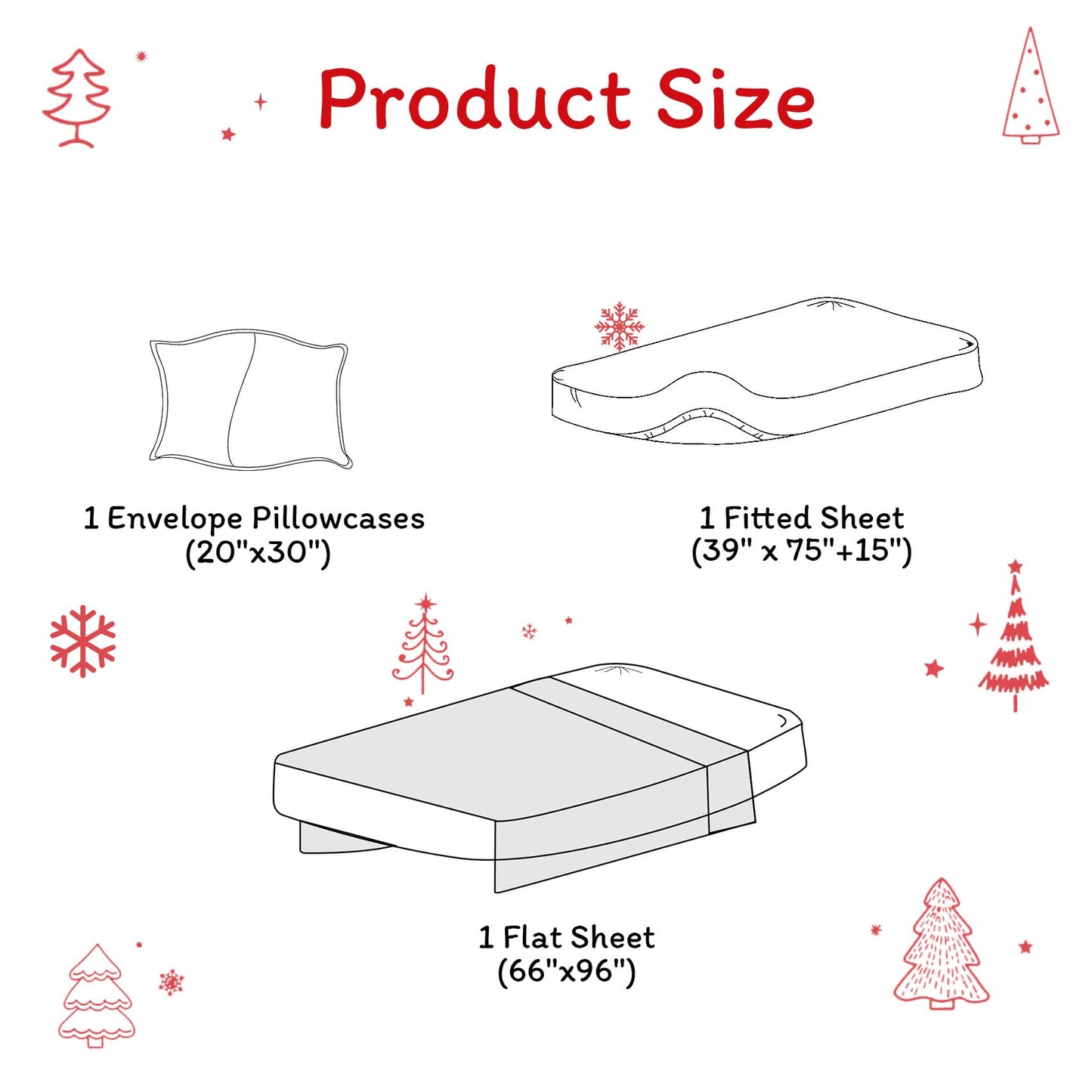 JSD Red Christmas Tree Kids Sheet Set Twin Size, 3 Piece Soft Printed Microfiber Sheets Deep Pocket