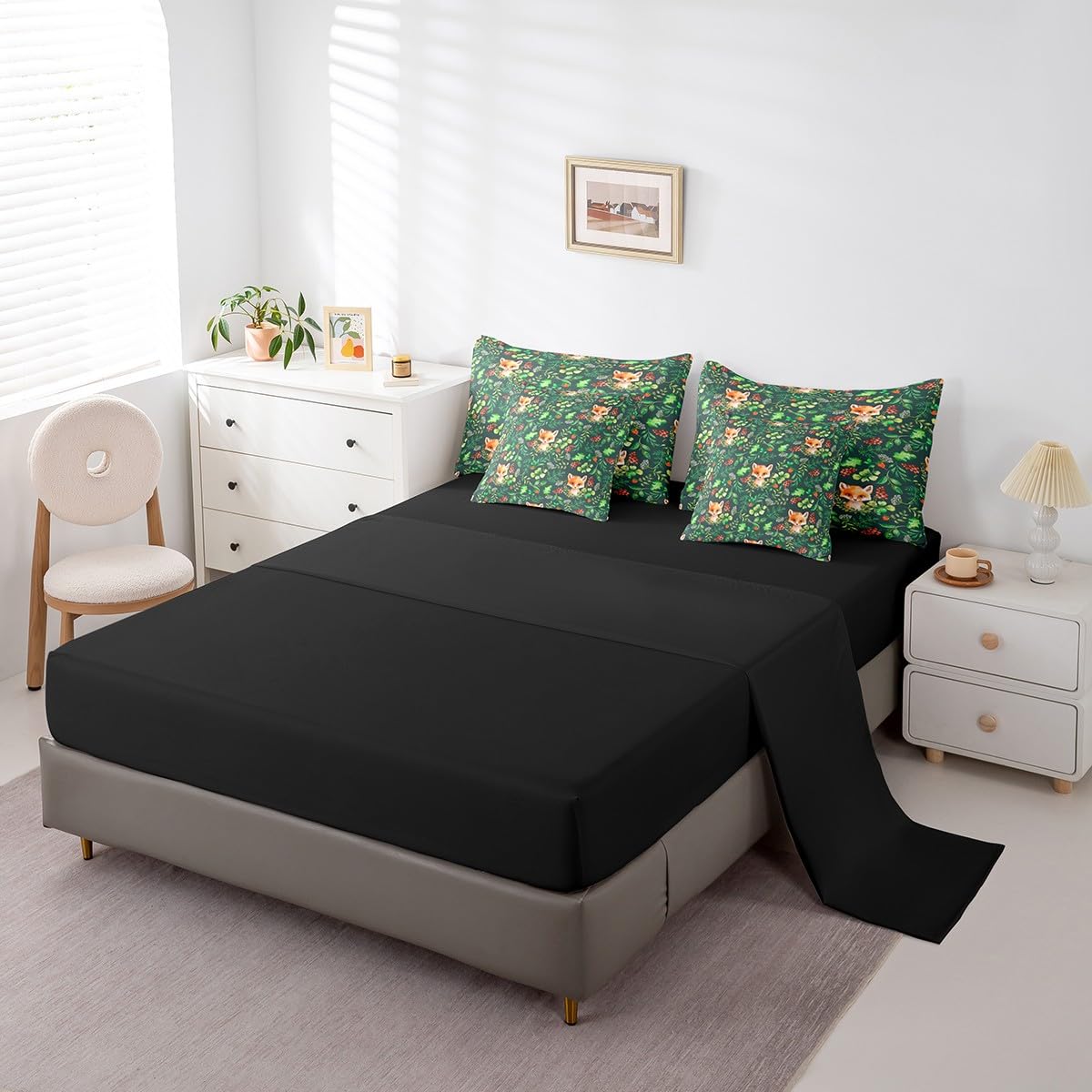 Erosebridal Fox Comforter Set 7 Piece Bed in a Bag Twin,Wild Woodland Animals Bedding Sets Jungle Botanical Leaf Comforter and Sheet Set,Green Plant Leaves Rustic Wildlife Farmhouse Bed Set