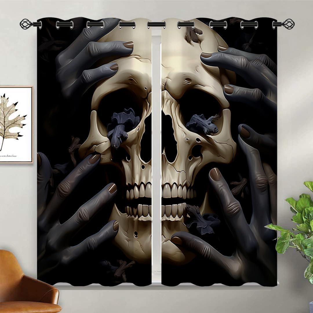 ONINUO Skull Blackout Curtains for Girls Boy Home Decor, Scary Spooky Halloween Graveyard Gothic Grommet Thermal Insulated Drapes Darkening Window Curtain for Bedroom Living Room, 42 x 45 Inch