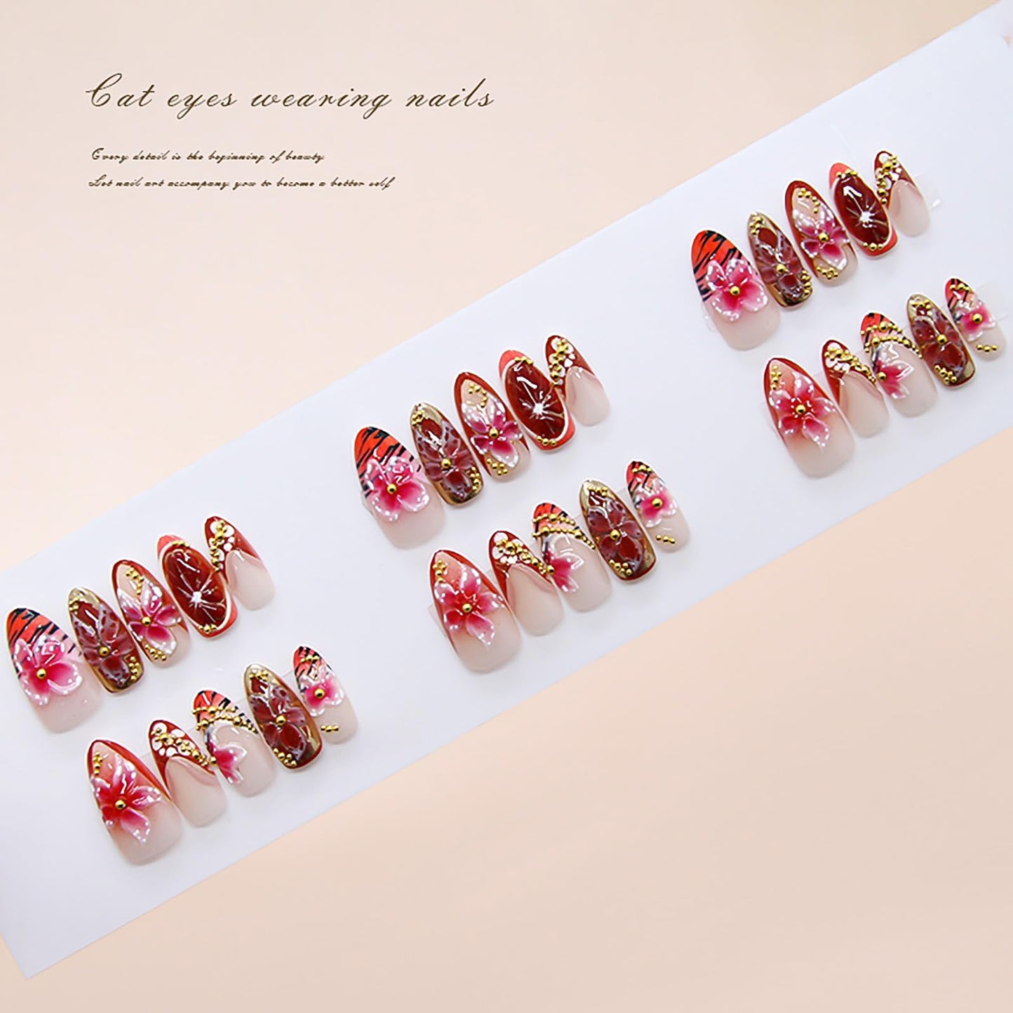 RUOKEXIN Almond Press on Nails French Tip Fake Nails Medium False Nails with Gold Pearl Designs Acrylic Nail Press ons Sparkly Artificial Nails for Women 30Pcs