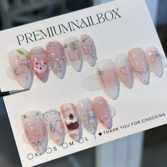 Press on Nails Almond Medium White Fake Nails French Tip False Nails Press ons with Flower Bow Design Glue on Nails Artificial Acrylic Nail Art Glossy Full Cover Stick on Nail Supplies for Women 24Pcs