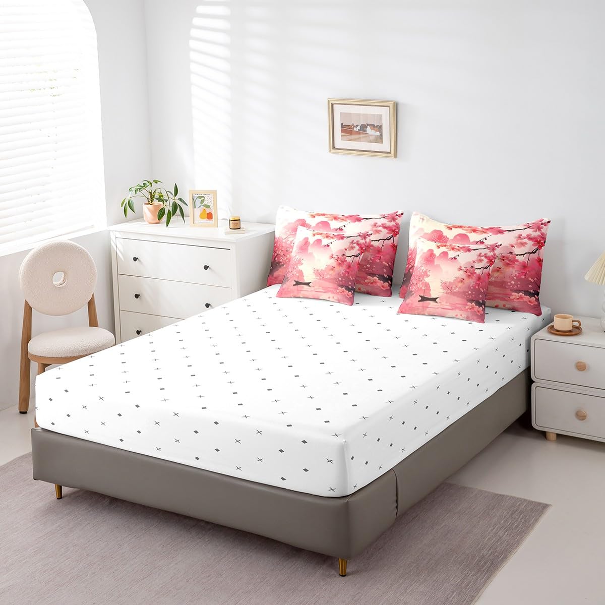 Erosebridal Pink Cherry Blossom Queen Bedding Set 7 Piece,Japanese Style Floral Bed Set for Kids Girls Women,Mountain Theme Oriental Aesthetic Comforter Set with Fitted Sheet,Flat Sheet,Pillowcases