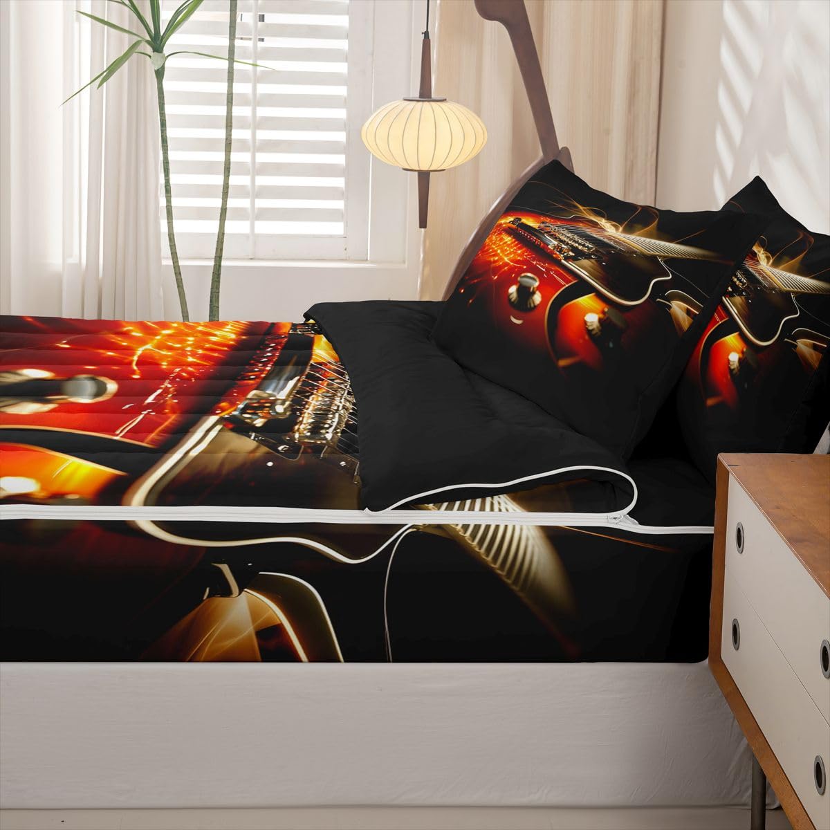 Erosebridal Guitar Zipper Comforter Set Twin 3D Bedding Set Electric Guitars Print Bed in a Bag Rock Music Theme Zippered Quilt Fitted Sheet,2 Pillowcases