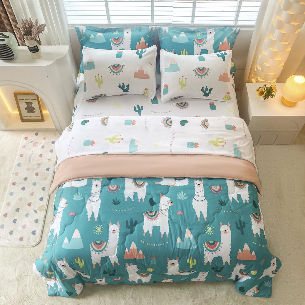 Wajade Kids Cute Llama Comforter Set Bed in A Bag Full Size 7 Piece Green Alpaca Tropical Plant Bedding Set for Girls Boys (1 Comforter, 1 Flat Sheet, 1 Fitted Sheet, 2 Pillowcase and 2 Pillow Sham)