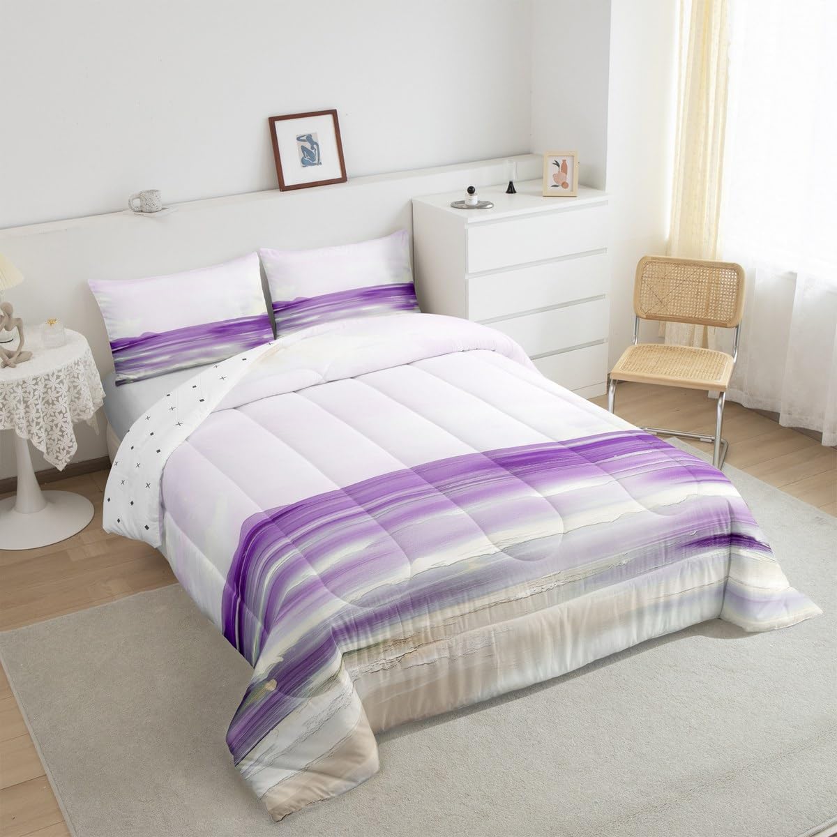 Erosebridal Abstract Beach Comforter Set King Size Purple Oil Painting Bedding Set for Women Girls Ocean Sea Wave Lake Comforter Romantic Summer Natural Landscape Hawaii Quilt