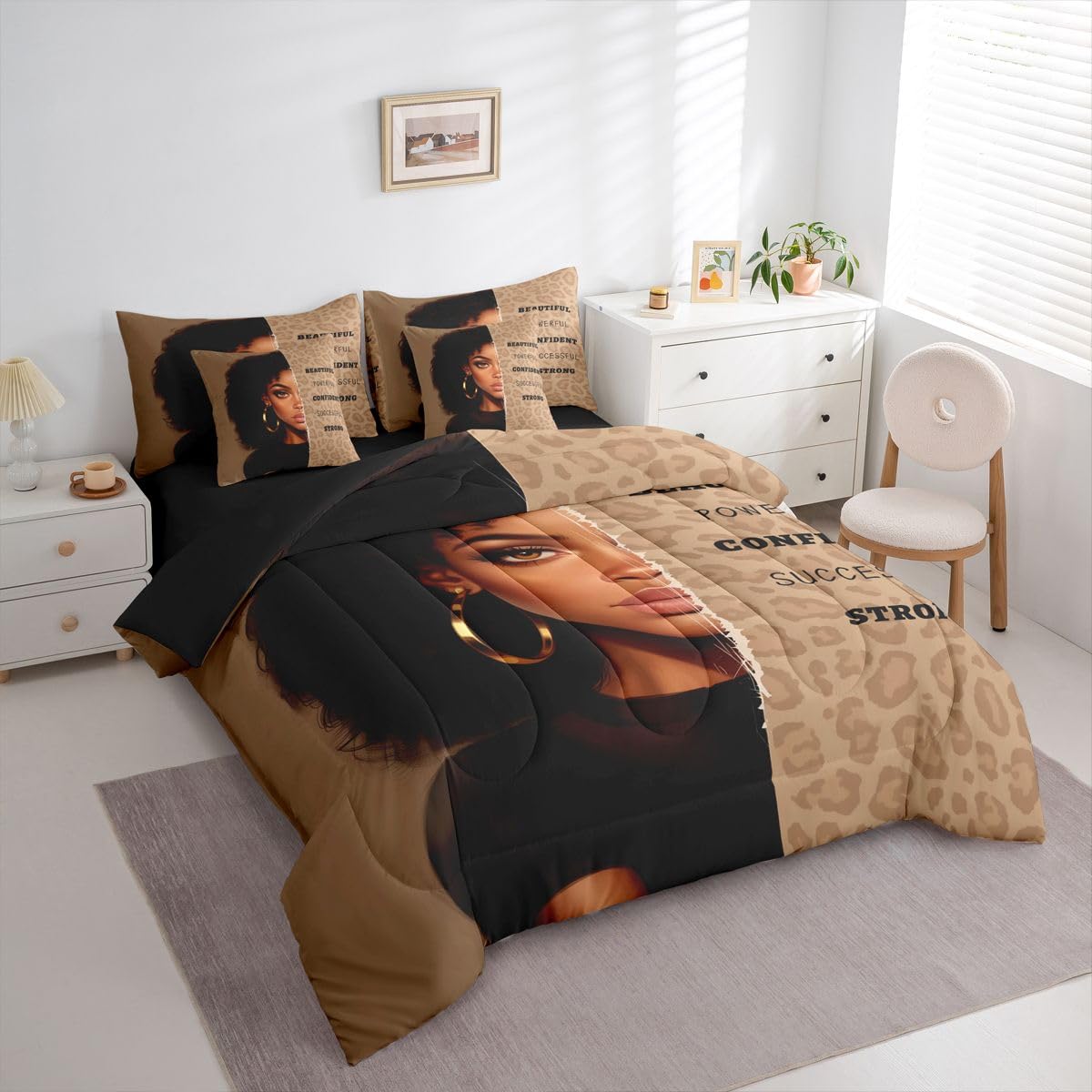 Erosebridal Aesthetic Black Girls Queen Bedding Set Fashion Leopard Print Comforter Set with Flat and Fitted Sheet Modern Cheetah Girl 7-Piece Bed in a Bag Women Empowering Words Art Quilt Sets