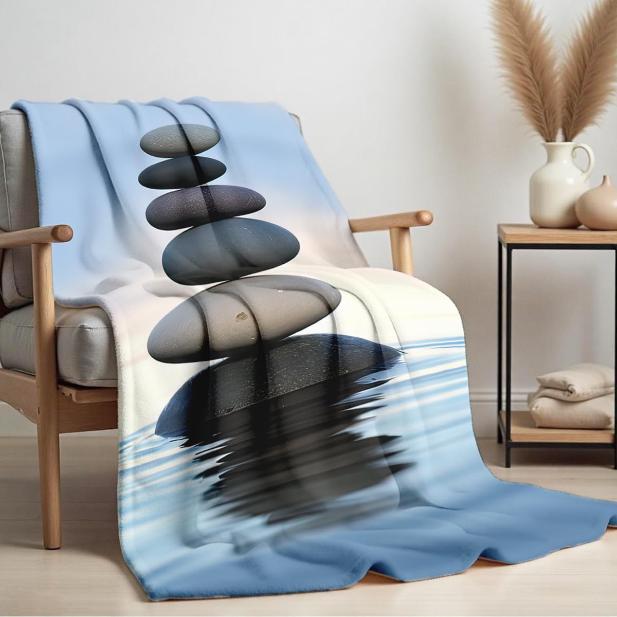 HUNXIAOJ Zen Stone Print Blanket Throw Soft Spa Zen Flannel Blanket for Home Bedding Couch Bed Yoga Room Meditation Decor Gifts (49"x59")