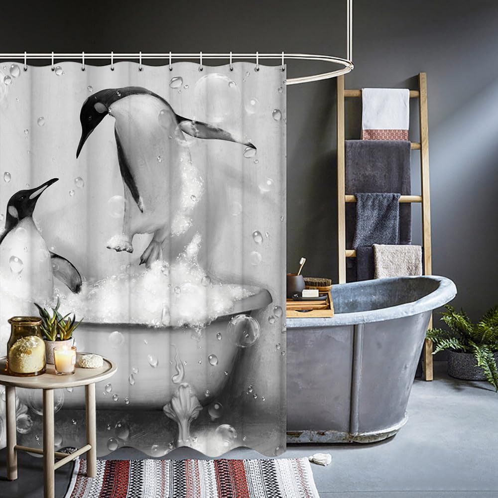 KREATIVE ARTS Funny Penguin Shower Curtain Cute Animal Takes Bath in Grey Bathtub with Bubbles Bathroom Curtain Fabric Shower Curtain Bathroom Accessories 12 Hooks 72x72