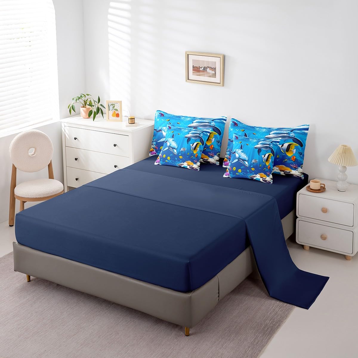 Erosebridal Blue Ocean Comforter Set 7 Piece Bed in a Bag Twin,Dolphin Bedding Sets 3D Fish Coastal Sheet Set with Comforter,Nautical Sea Animal Bed Set