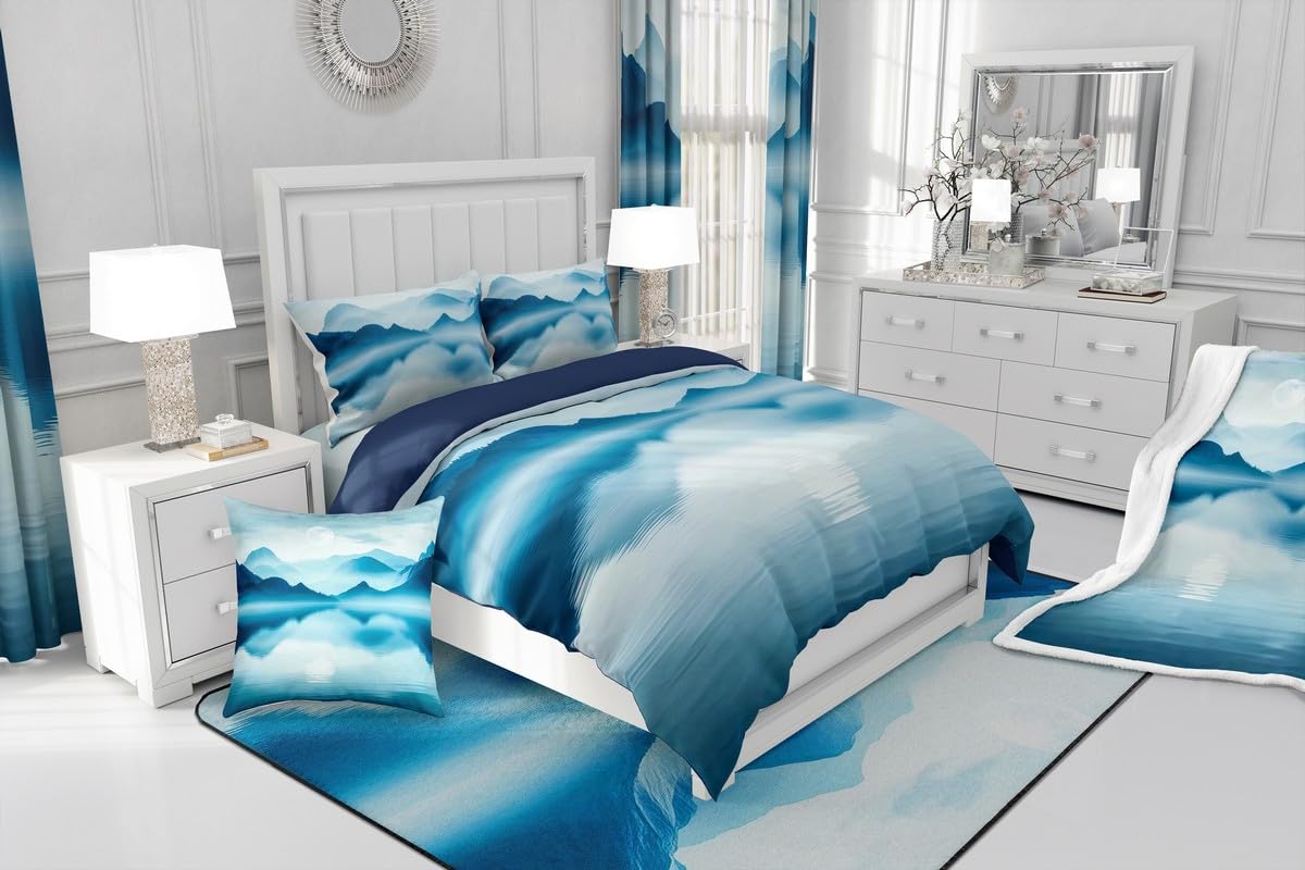 Feelyou Smoky Mountain Bedding Sheets Full Foggy Scenic Bed Sheet Set for Adult Kids Teal Blue Fitted Sheet Natural Landscape Bed Cover 3Pcs,1 Fitted Sheet+2 Pillow Sham（No Flat Sheet）