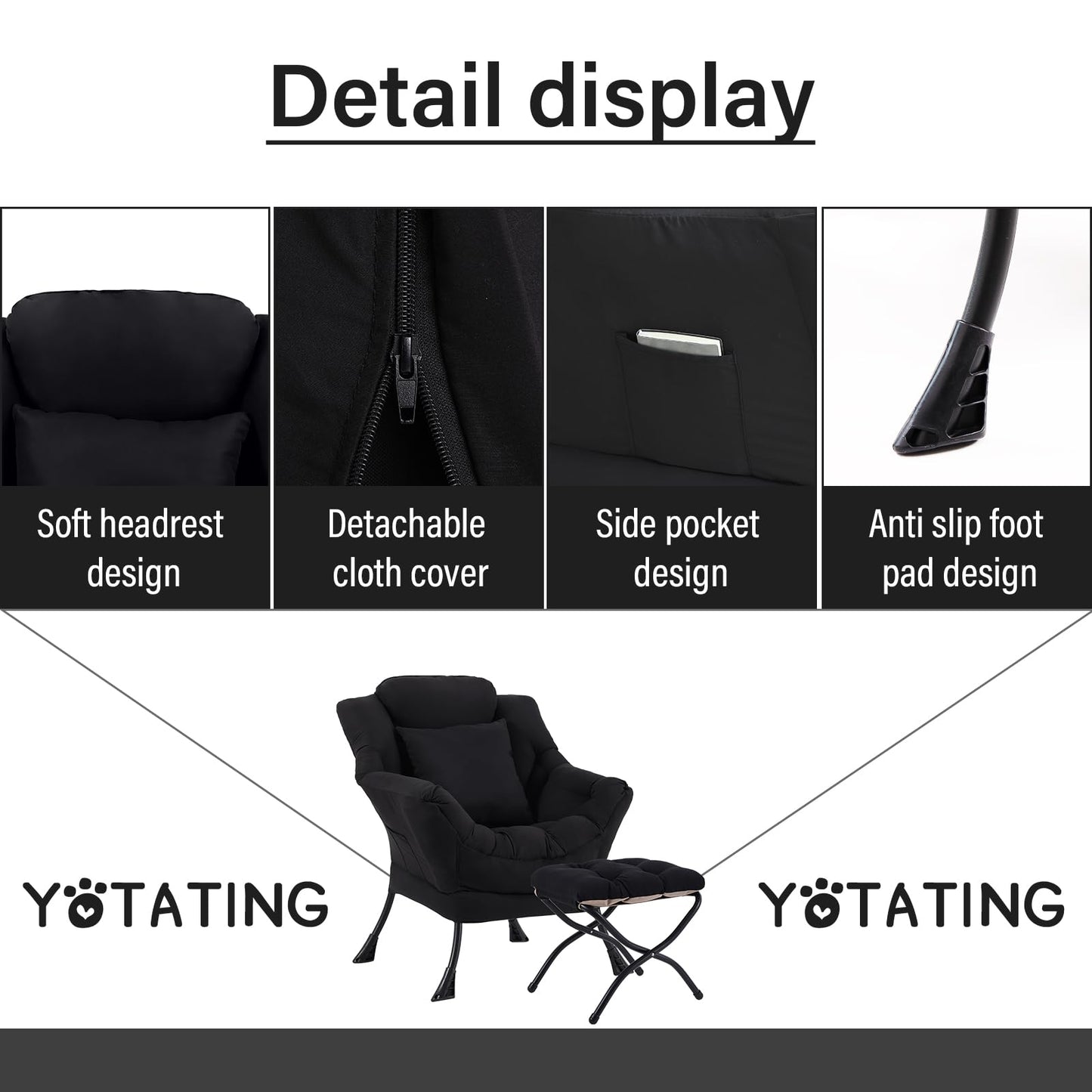 YOTATING Lazy Chair with Ottoman, Comfy Reading Chair with Footstool & Pillow Modern Lounge Chair with Armrests & Side Pocket for Living Room, Bedroom, Dorm Room，Black