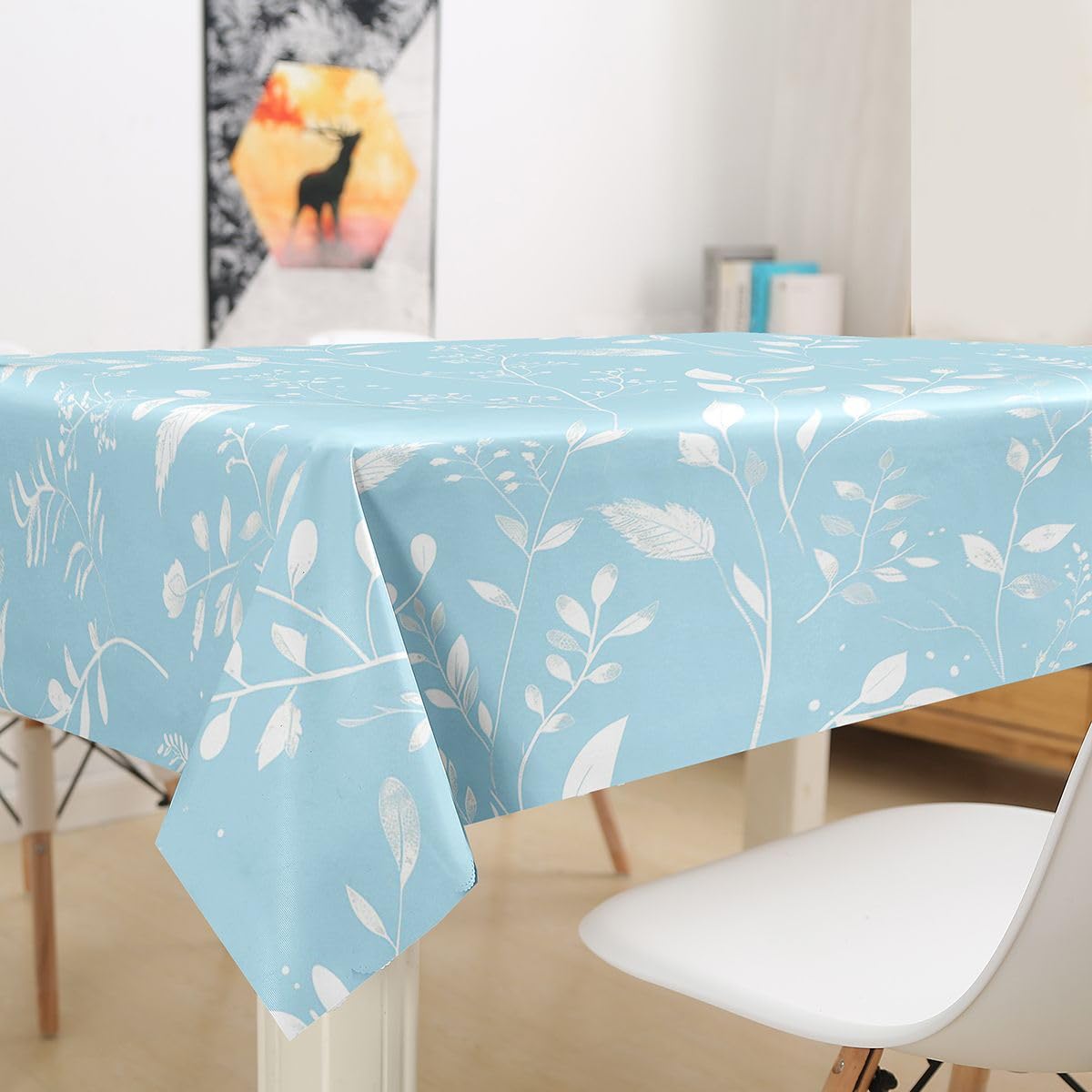 Homewish Nature Leaves Tablecloths,Leaf Floral Rustic Farmhouse Table Cover,Natural Plant Botanical Table Cloth,Blue Table Accessories for Kitchen,Rectangle 55"x71"