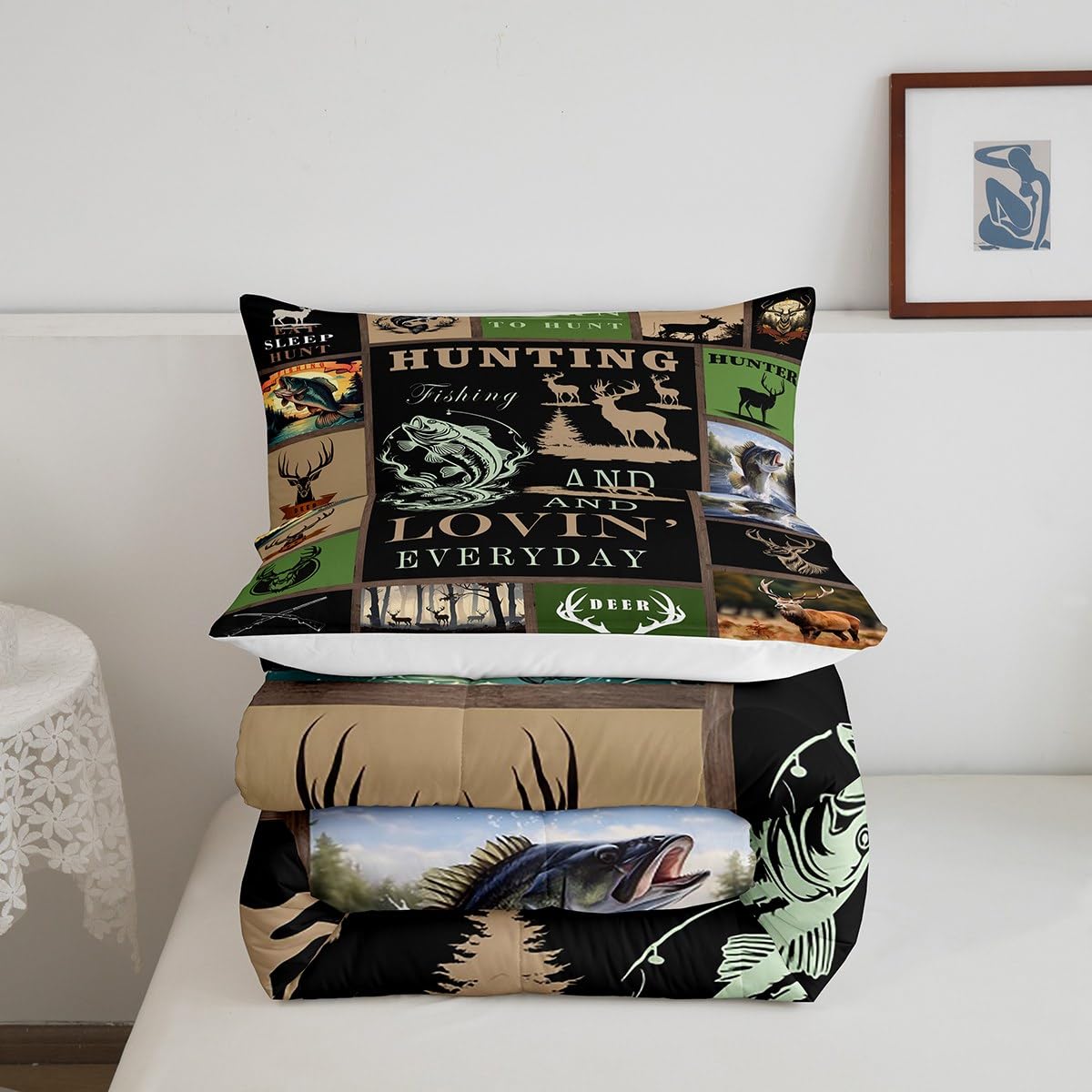 Feelyou Big Pike Fish Bedding Set - Deer Comforter Set for Kids Boys Girls - Twin Size with 1 Comforter and 1 Pillowcase