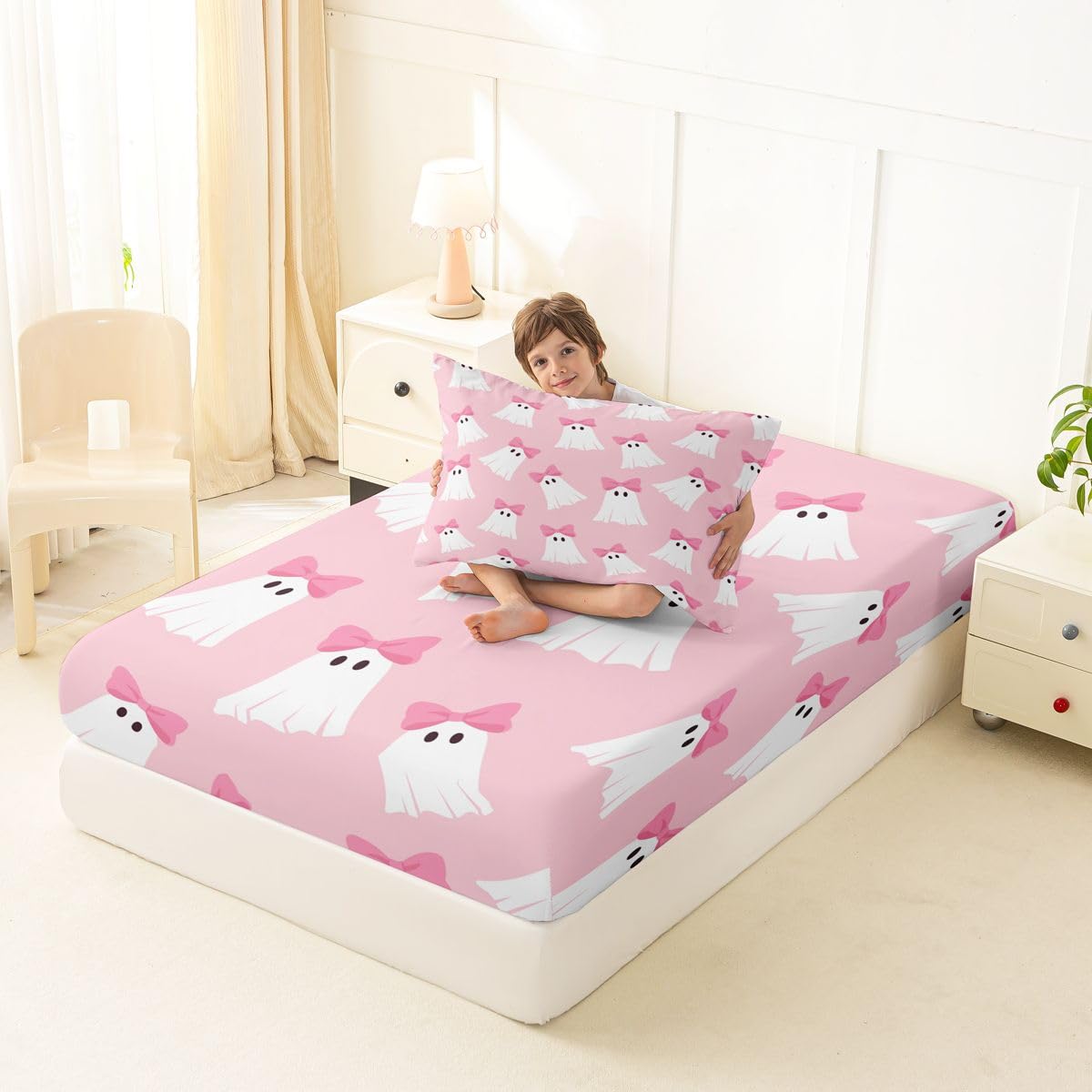 Feelyou Cute Pink Halloween Bed Sheets Set Twin Size Halloween Bow Ghost Bed Set Kawaii Ghost Deep Pocket Fitted Sheet Breathable Soft Lightweight Microfiber