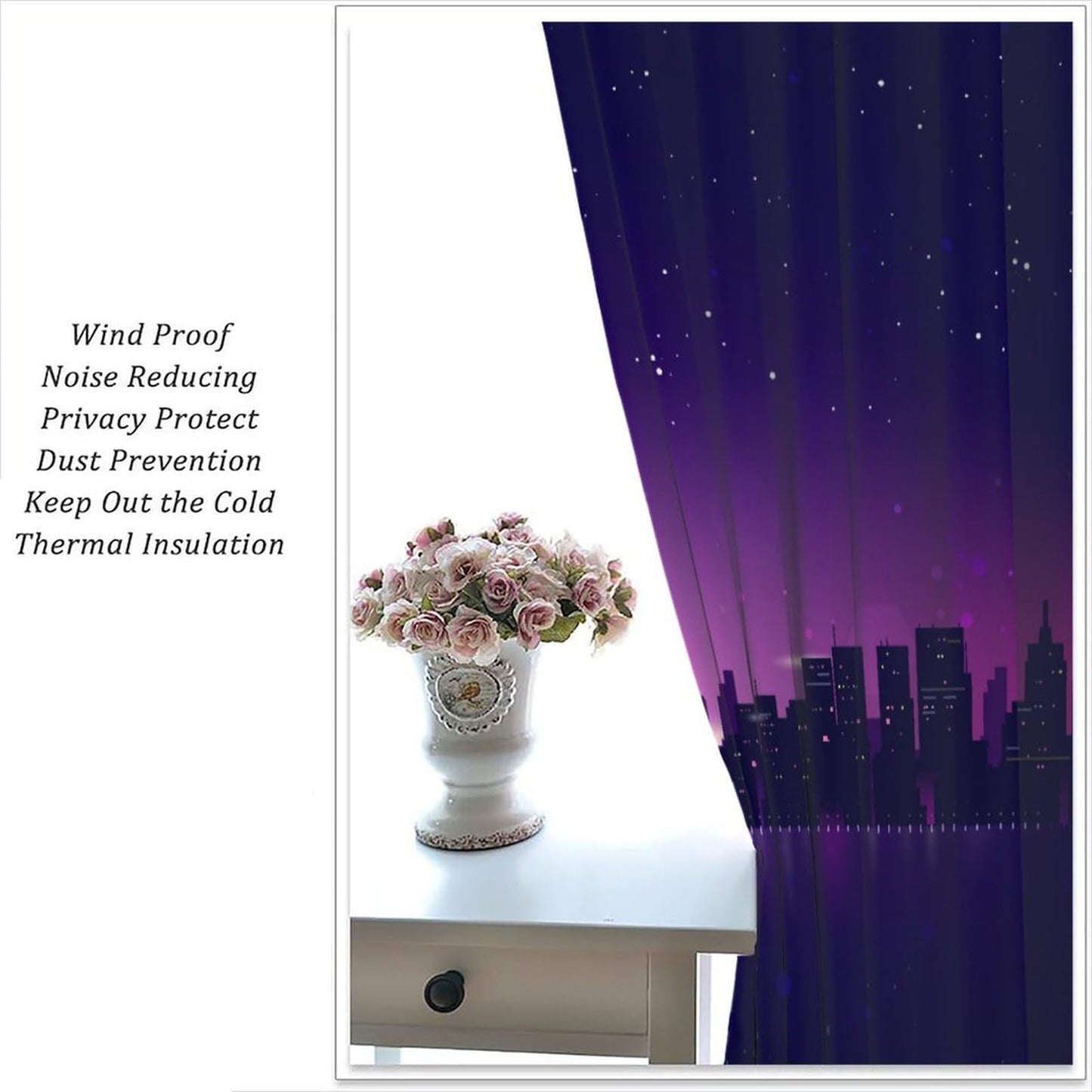 DDCBNS City Skyline Blackout Curtains,Midnight Cityscape Purple Urban Starry Sky Printed Curtains for Bedroom Living Room,Window Drapes 2 Panel Set for Kitchen Décor,Total Size 42" x 45"