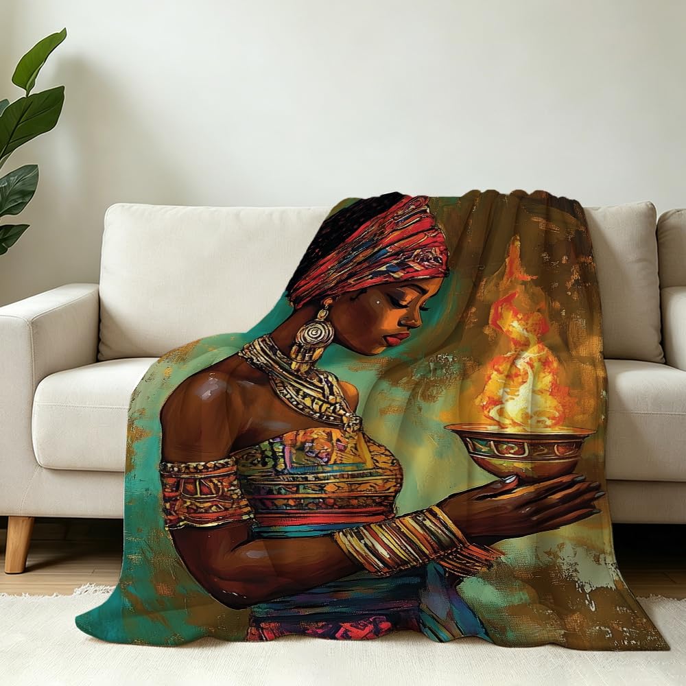 HUNXIAOJ African American Throw Blanket Black Girl Blanket African Gifts for Women Tribal Bedding Ethnic Decor Warm Soft Flannel for Sofa Couch (49in x 59in)