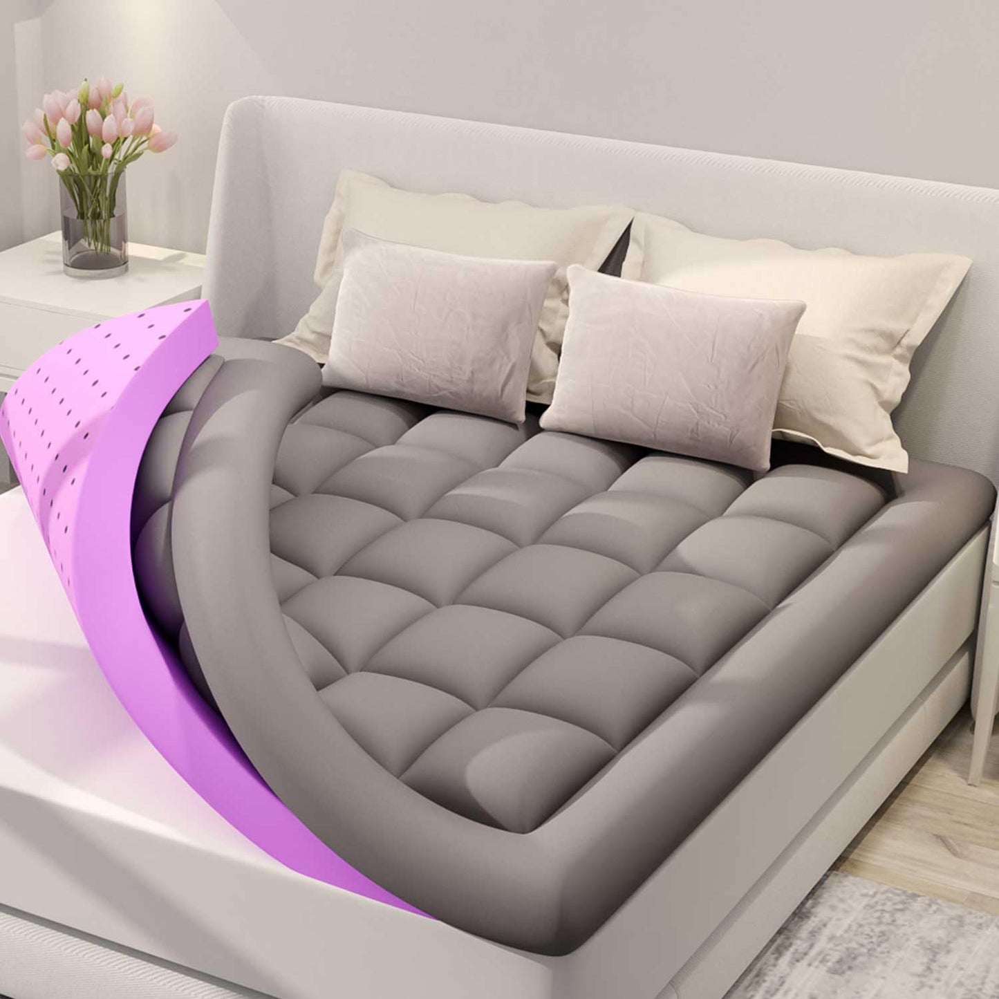 BDEUS Dual Layer 5 Inch Memory Foam Mattress Topper Queen Size, 2 Inch Gel Memory Foam Plus 3 Inch 1450 GSM Down Alternative Quilted Pillow Top Mattress Pad Cover,Dark Gray