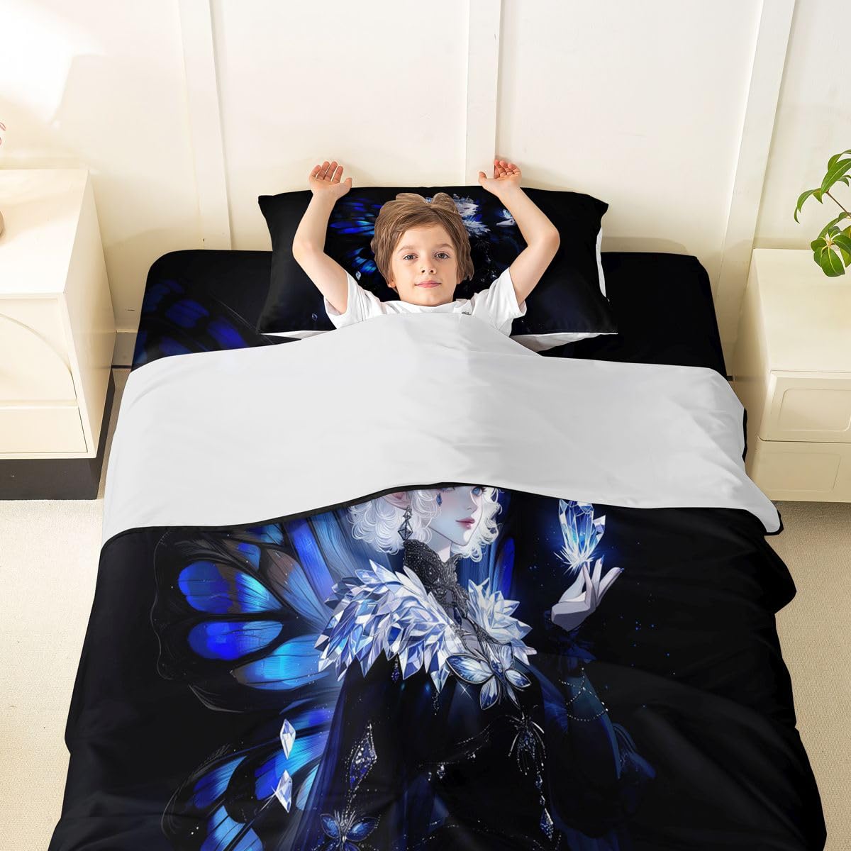 Erosebridal Gothic Girls Bed Sheets Set A Girl Wearing A Crown Sheets Twin,Butterfly Diamond Feather Print Sheet Set for Boys Girls Coquette Princess Bedding Sets Bedroom Decor 3 Pieces