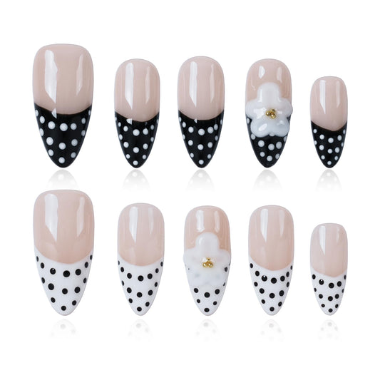 Tesytto Press On Nails Medium Almond, Handmade 3D Flower Polka Dot Fake Nails, French Tip Nude Black White Acrylic Nails, Reusable Press-On Nail Kit (Pink Polka Floral Rhyme,M)