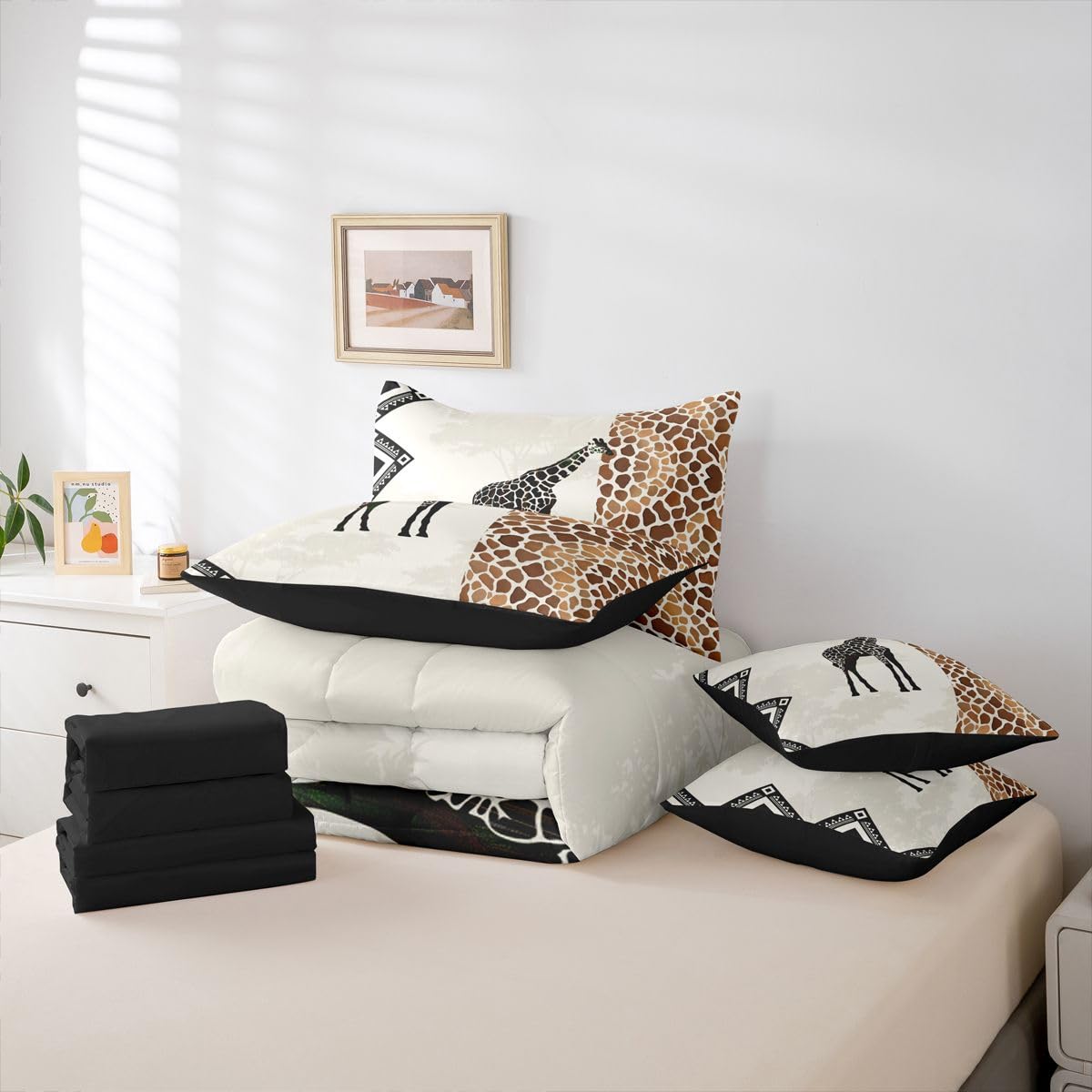 Erosebridal Giraffe 7 Piece Bedding Set Full African Comforter Set with Sheets Geometric African Animal Lovers Bed in a Bag Woodland Silhouette Wild Animal Skin for Kids Boys Girls
