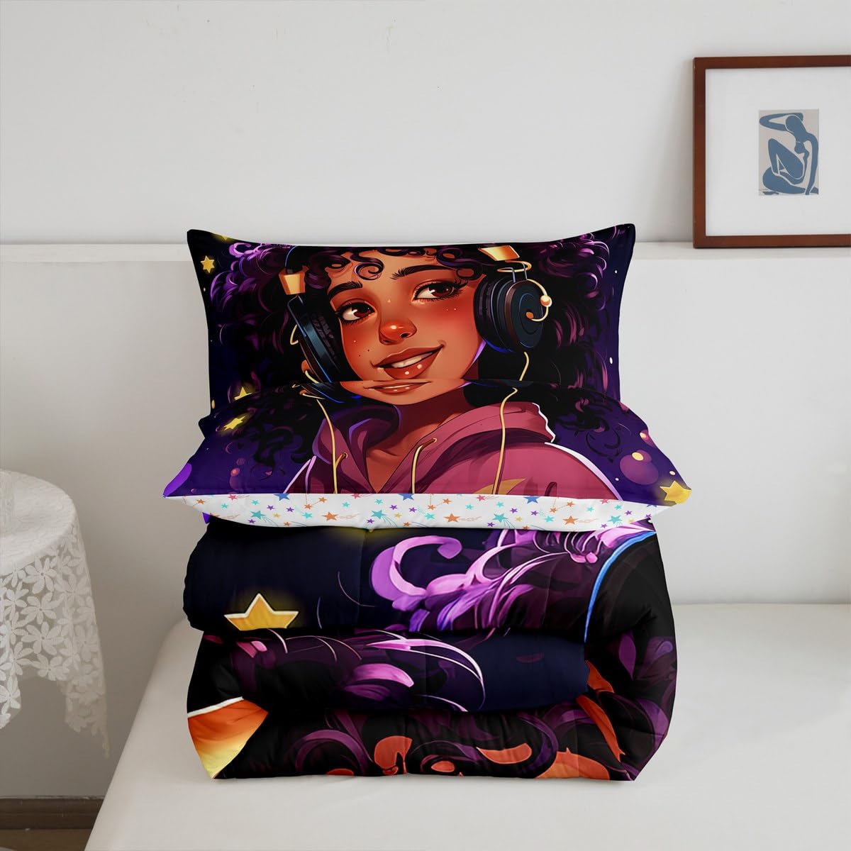 Erosebridal Afro Girls Bedding Set American African Princess Magical Comforter Set Purple Curly Hair Girl Quilt,Musical Headphone Kawaii Room Decor for Kids Teens Toddler Girls