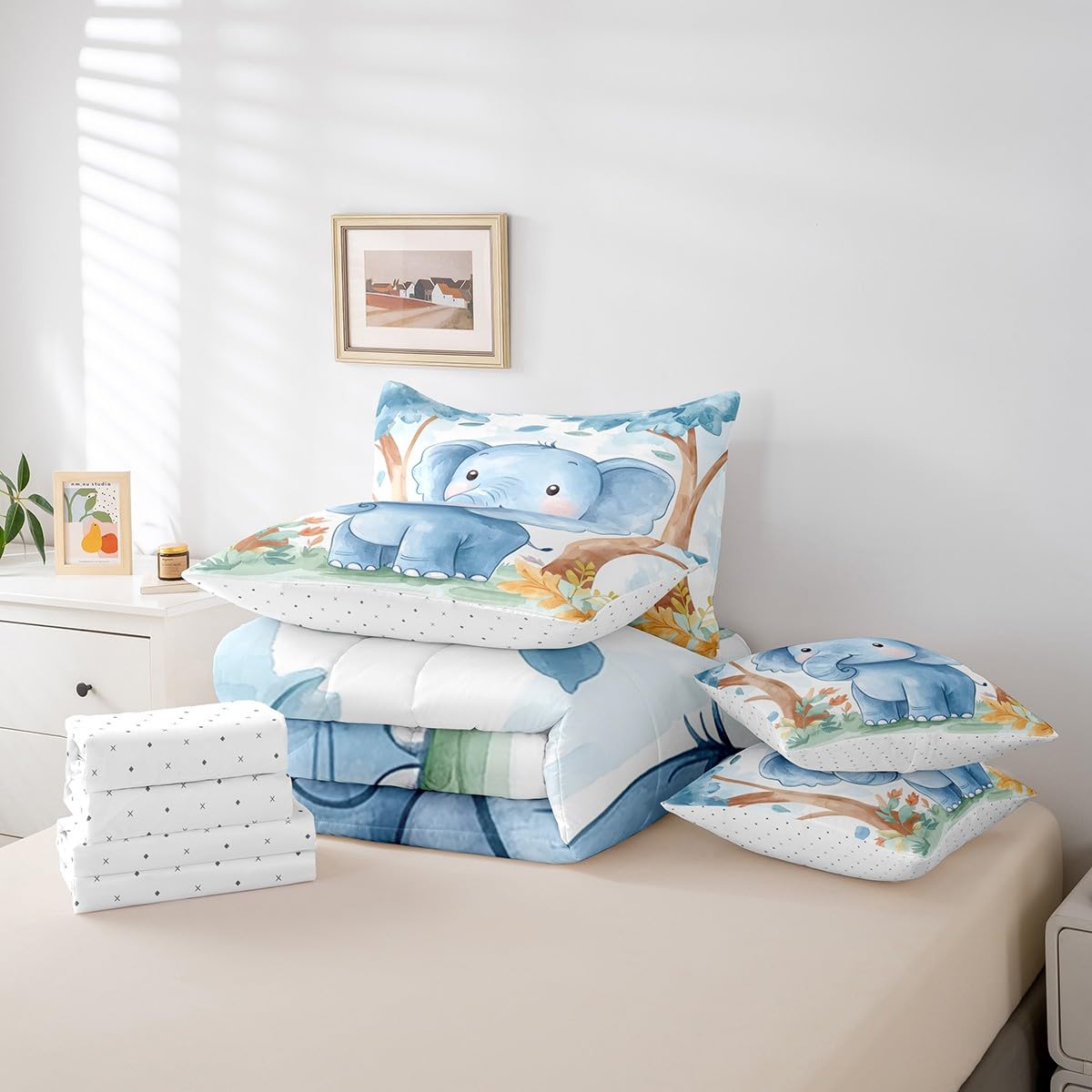 Erosebridal Kawaii Elephant Twin Size Comforter Set with Sheets Kids | Cartoon Safari Wild Print 7-Piece Bedding Set Watercolor Green Eucalyptus Bed in a Bag African Jungle Animal Bed Quilt Sets