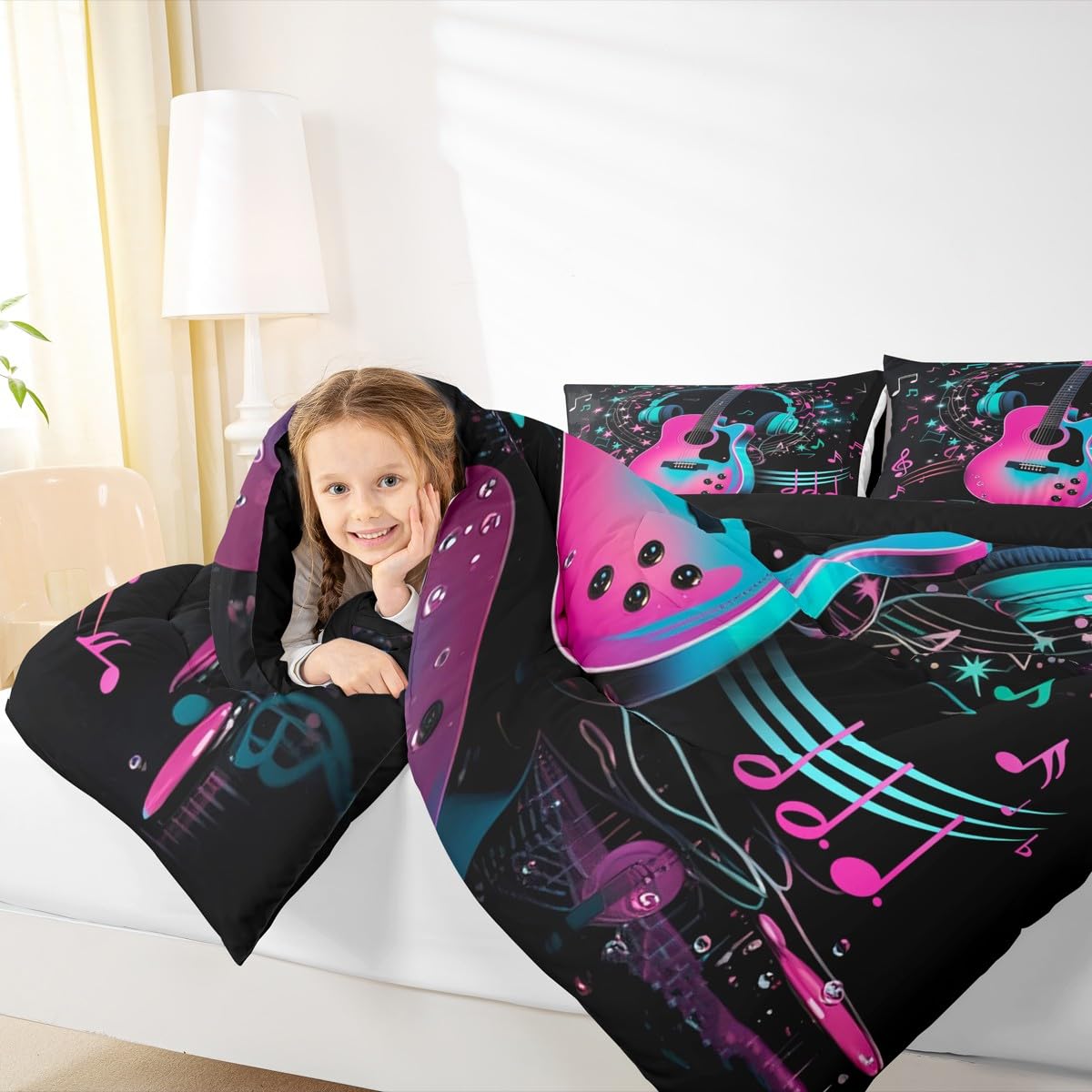 Erosebridal Guitar Music Comforter Set Queen Musical Notes Guitar Bedding Set Pop Music Theme Comforter for Kids Boys Girls,Fashion Hot Pink Blue Quilt Duvet
