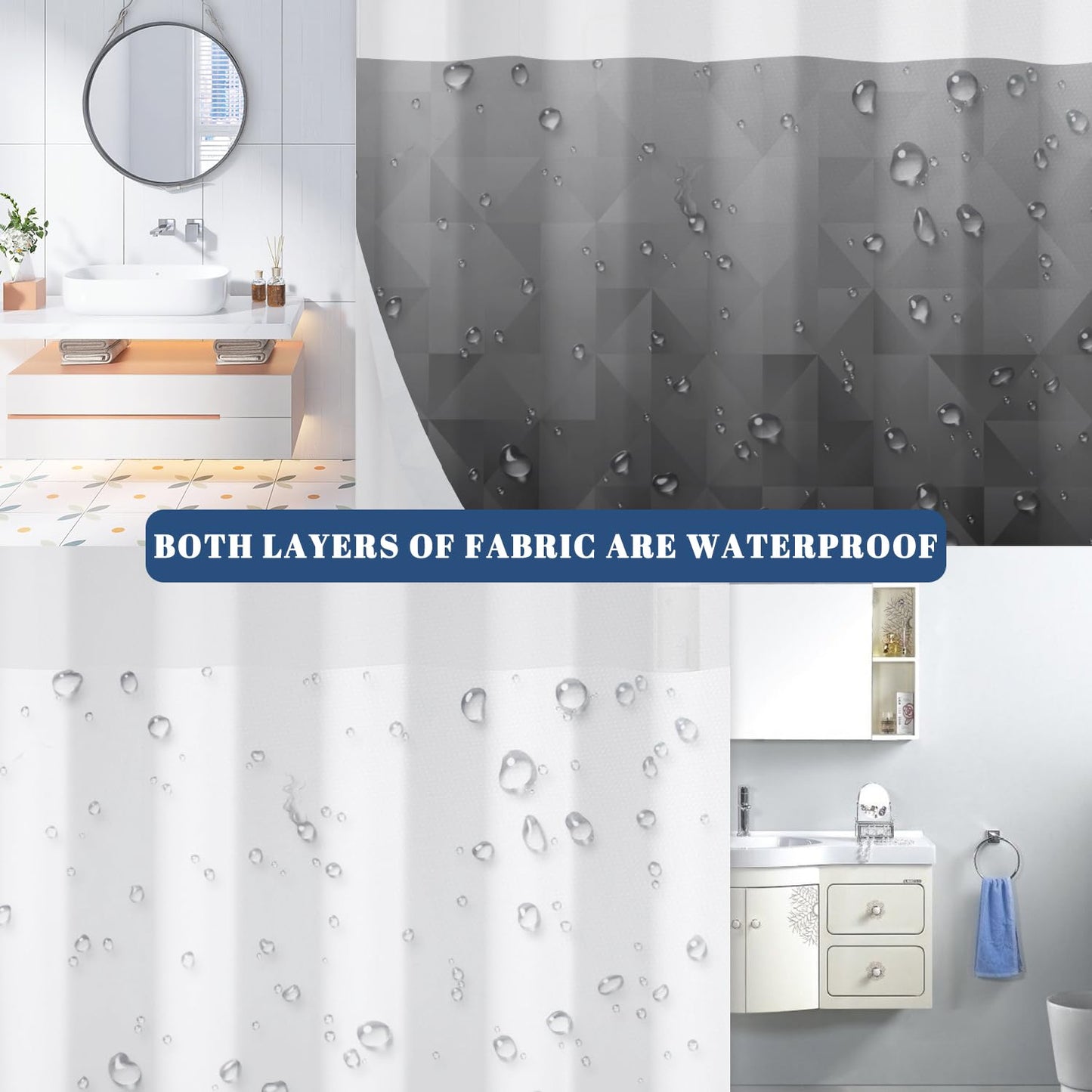 NAEMBCU No Hook Shower Curtain with Snap in Liner Set, Black Gray Ombre Geometric Print - Mesh Top Waterproof Double Layer Bath Tub Curtain for Modern Loft & Minimalist Bathroom Decor, 71W x 74H