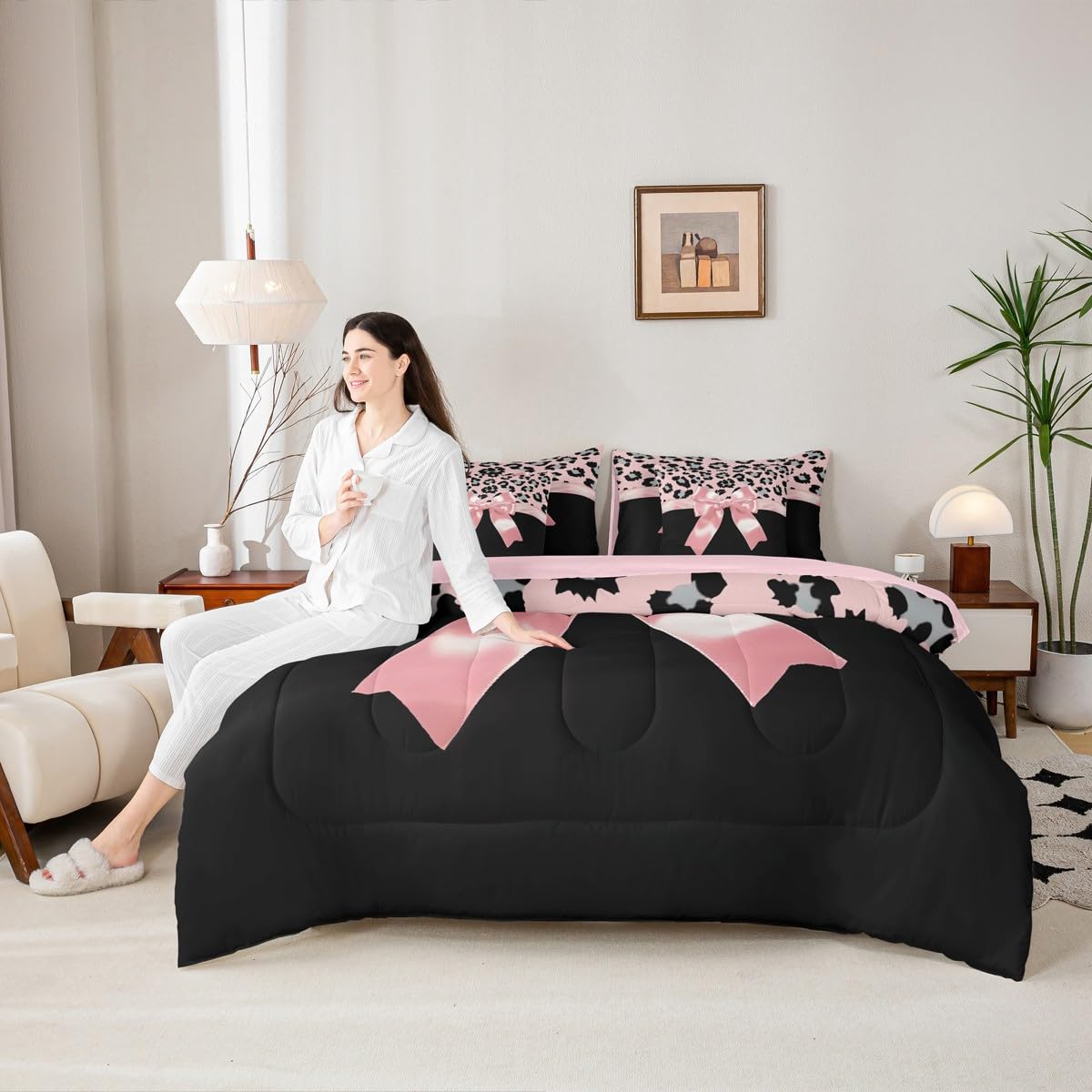 Feelyou Pink Silk Bowknot 7 Piece Bedding Set Queen Size Grey Leopard Comforter Set with Sheets for Kids Girls Women Black Pink Bed in a Bag Sweet Romantic Bed Set