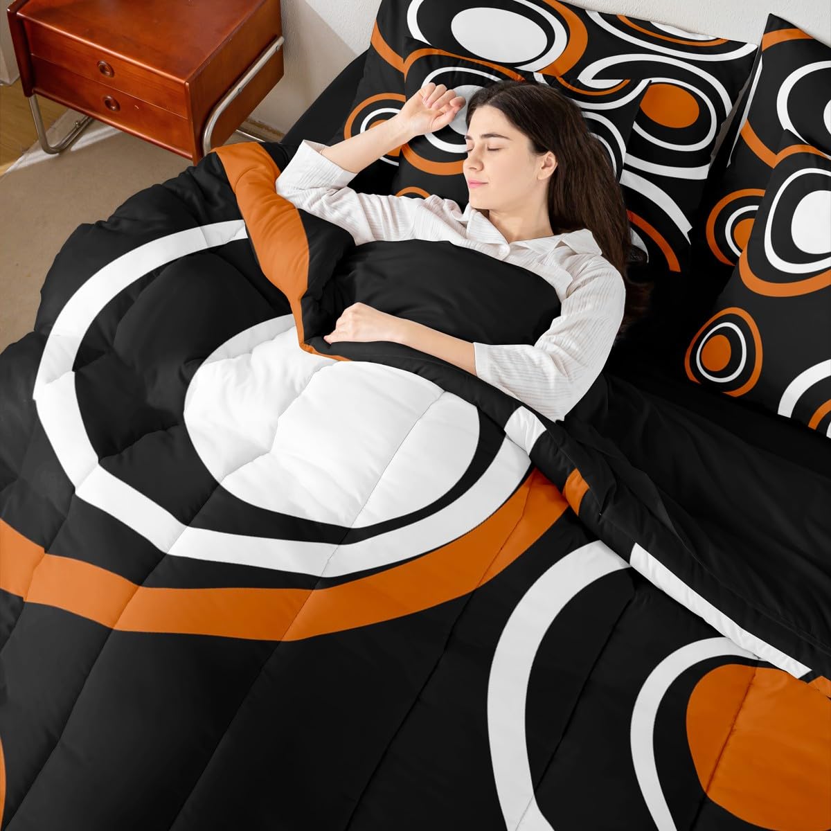 Erosebridal Orange Black Abstract 7-Piece Bedding Set Full Modern Striped Circles Bed in a Bag for Adult Women Men Boho Geometric Art Aesthetic Comforter Set Black White Abstract Duvet Insert