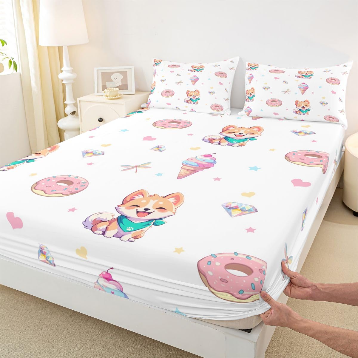 Castle Fairy Cartoon Dog Fitted Sheet Queen Size (No Flat),Sweety Ice Cream Bedding Sets 3Pcs,Girls Boys Adult Room Decor,Dragonfly Diamond Bed Cover Love Heart Deep Pocket Sheet,2 Pillowcases
